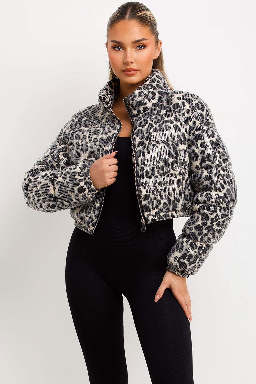 crop puffer padded winter jacket leopard print styledup
