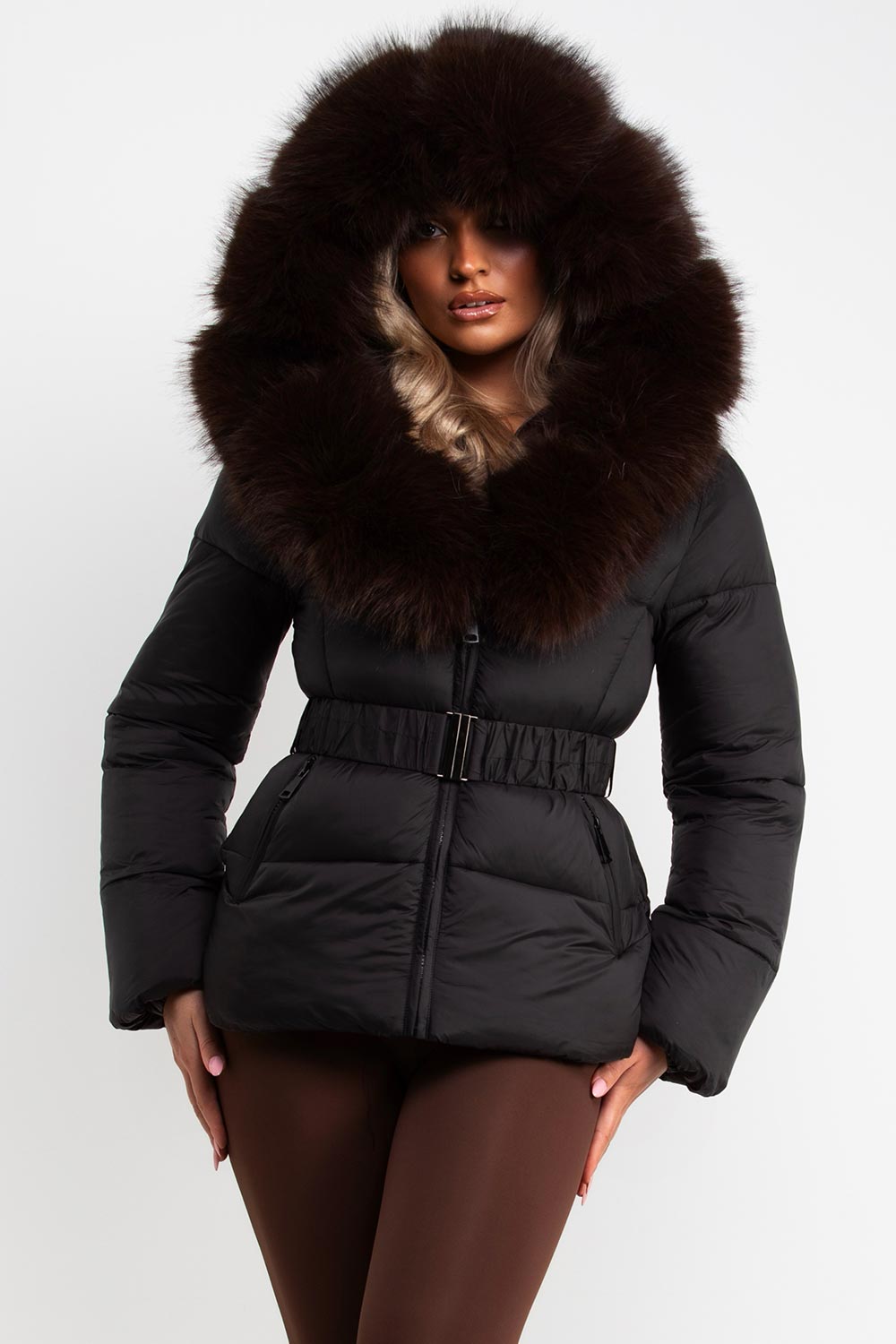 women's faux fur hood down jacket with belt uk