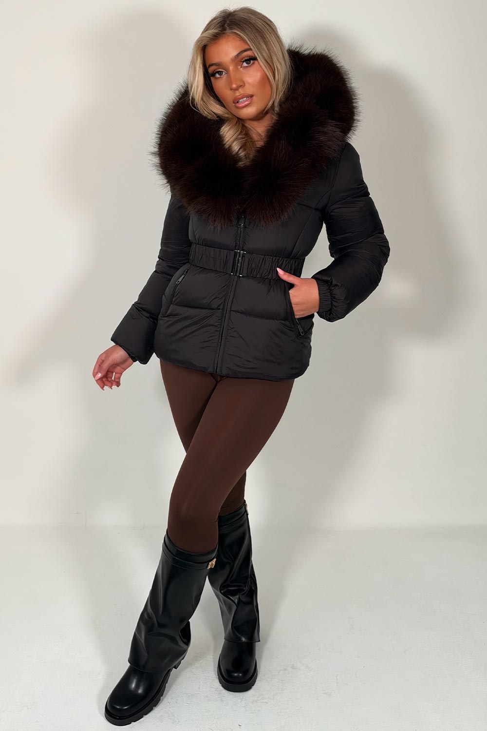 womens fur hood padded puffer jacket with belt styled up uk