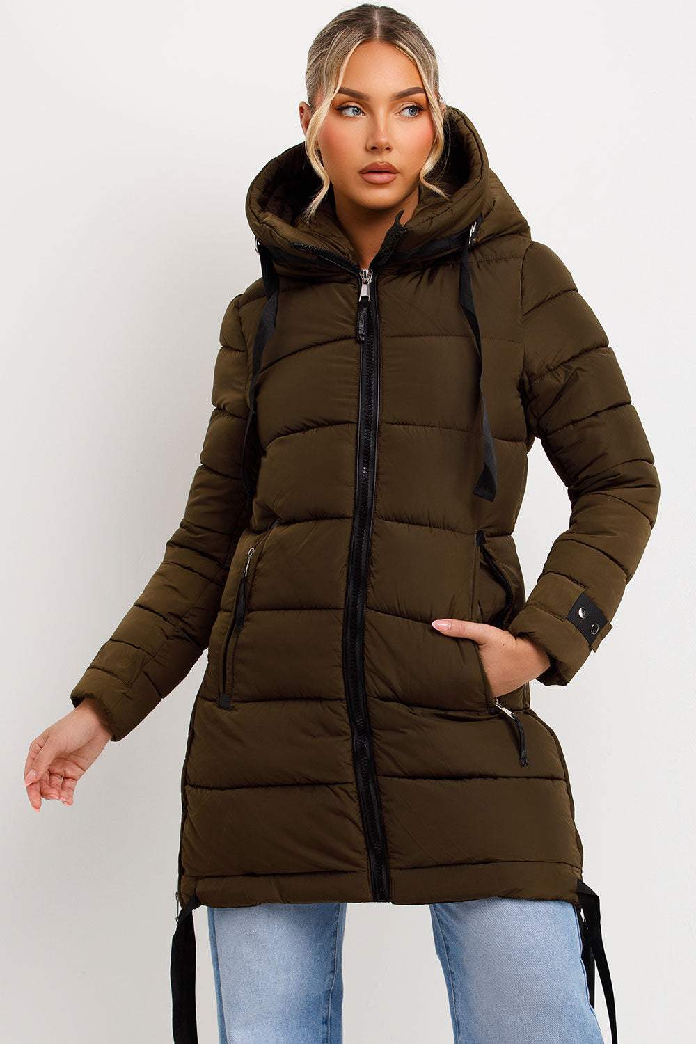 womens long padded puffer coat with hood for winter
