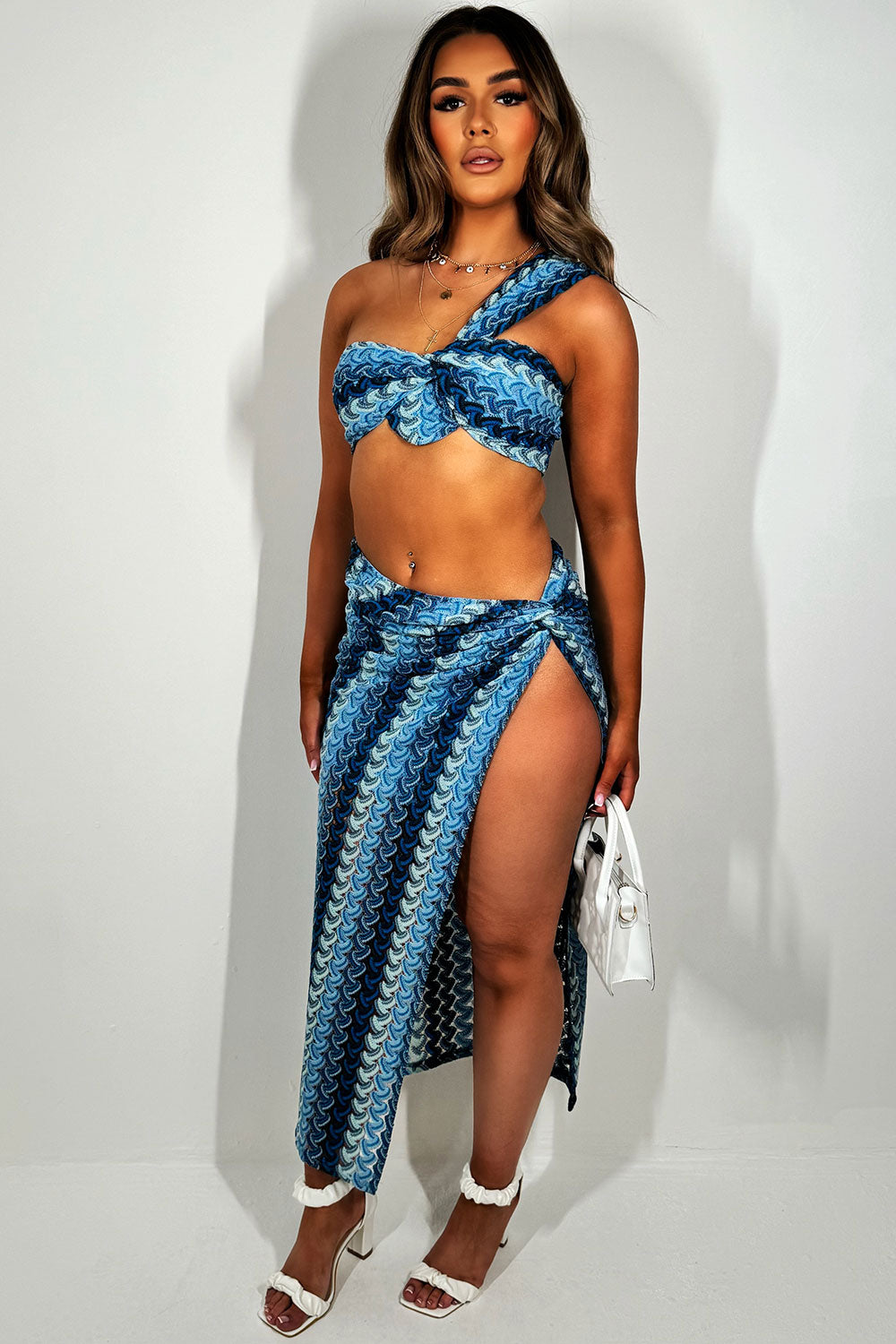 one shoulder crop top and side split maxi skirt two piece co ord set