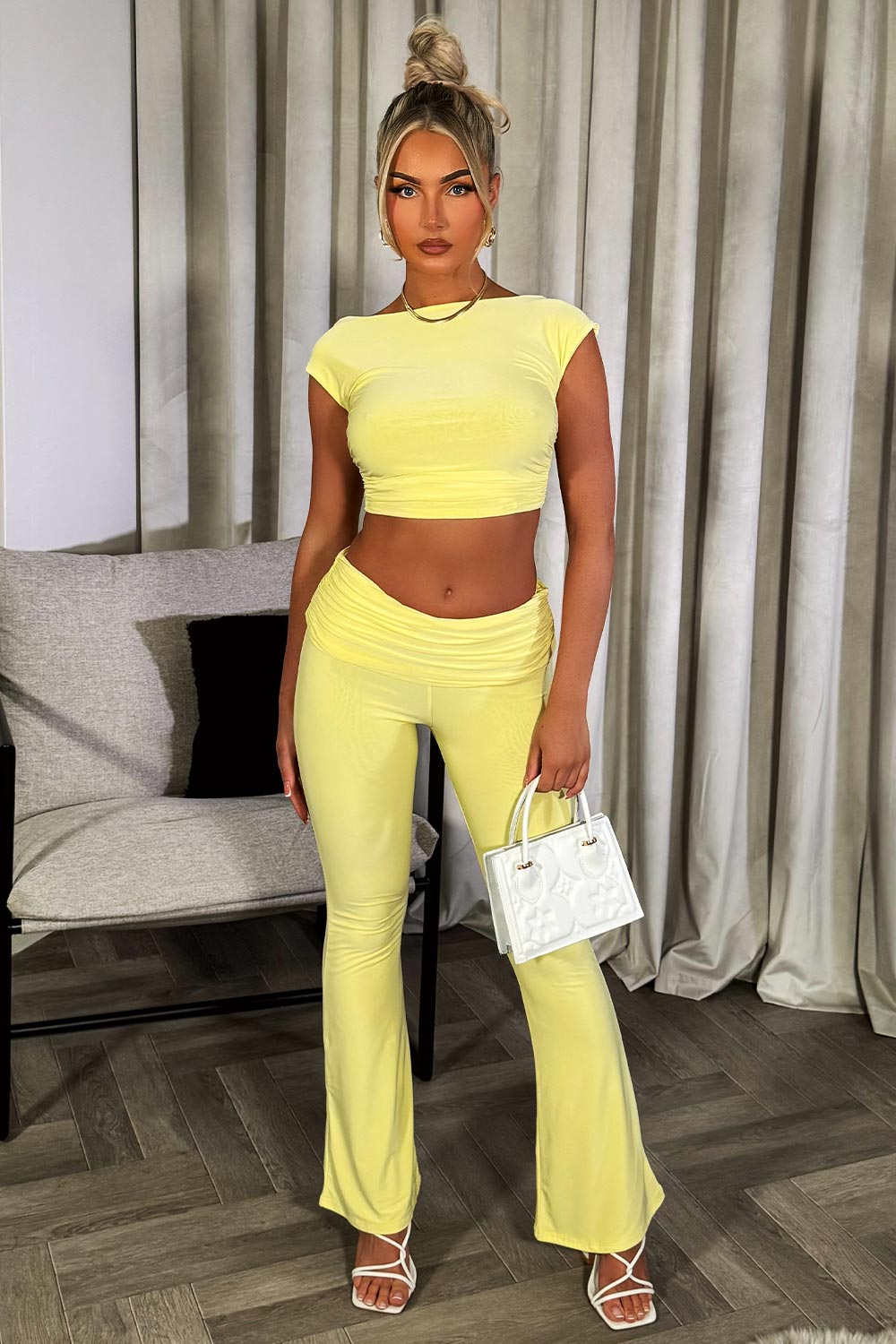 backless crop top and fold detail flare trousers co ord set yellow going out summer outfit