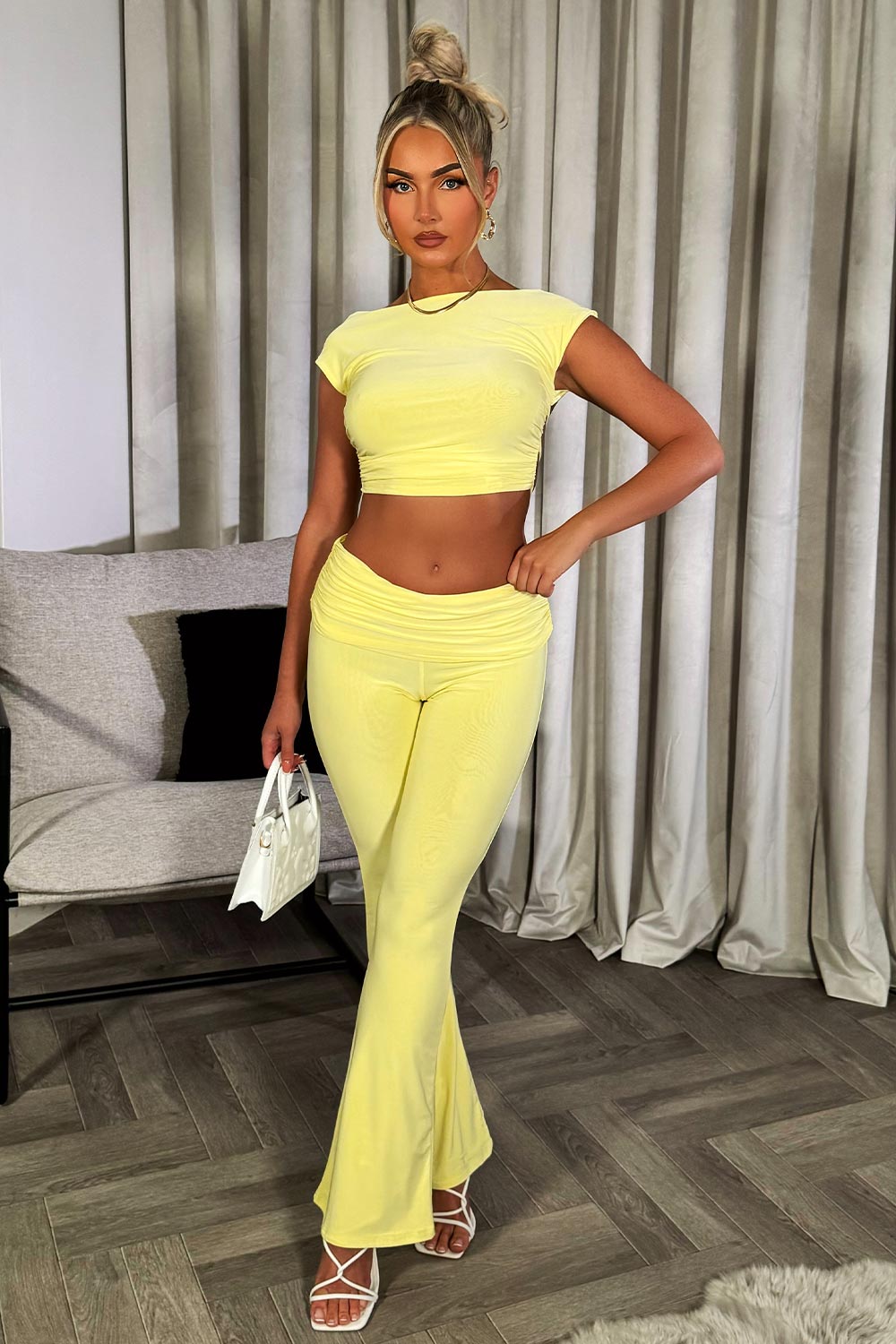 fold over detail skinny flare trousers and backless crop top co ord set going out summer occasion outfit