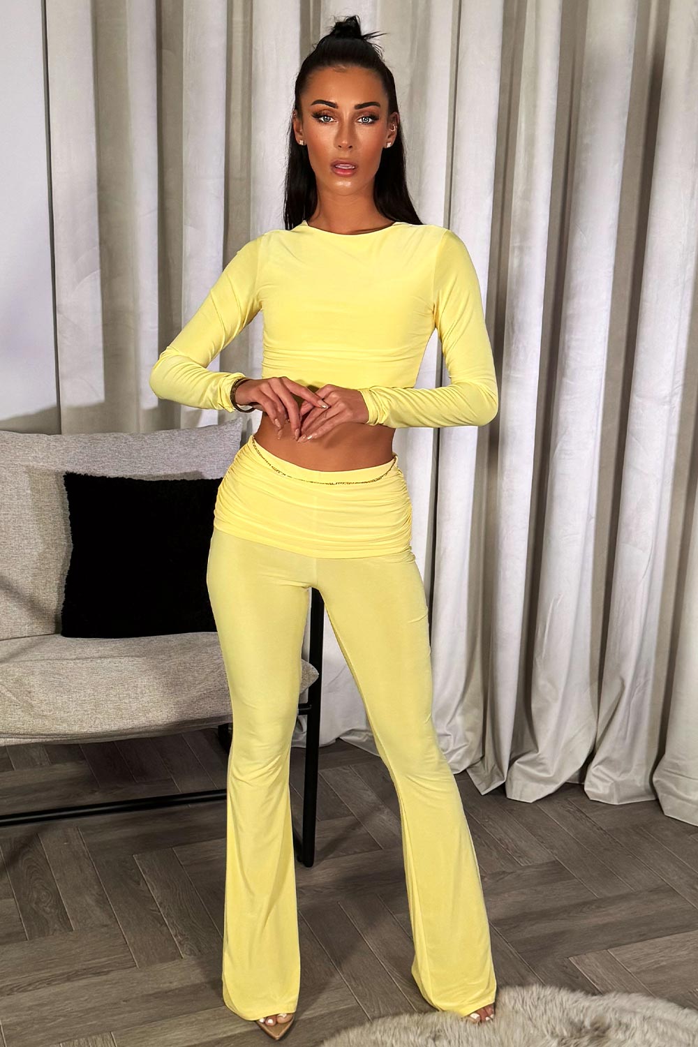 skinny flared trousers with fold over waist and top two piece set yellow