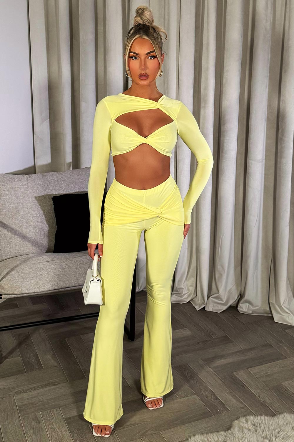 cut out long sleeve crop top and flare trousers two piece set going out outfit