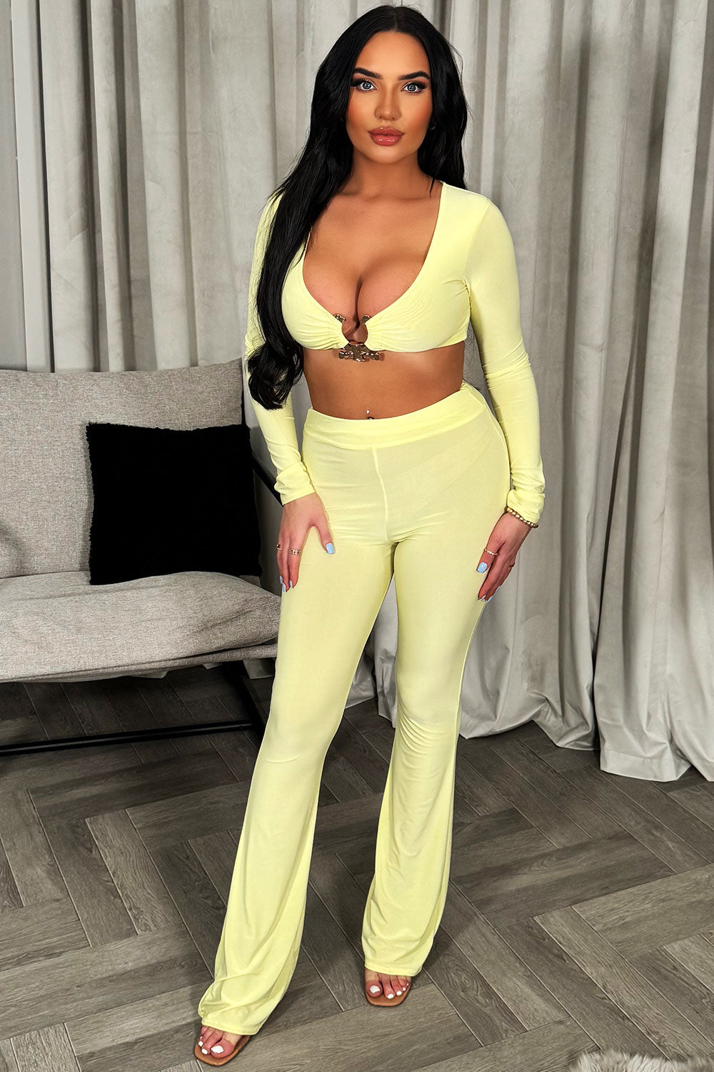 gold buckle long sleeve crop top and trouser two piece set going out weekend party outfit