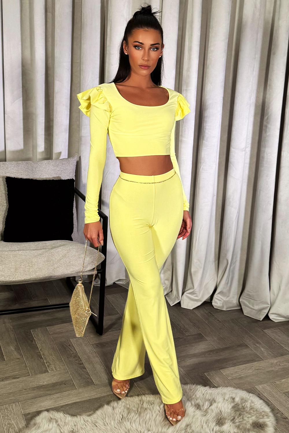 womens frilly shoulder long sleeve crop top and trousers co ord set going out summer occasion party outfit