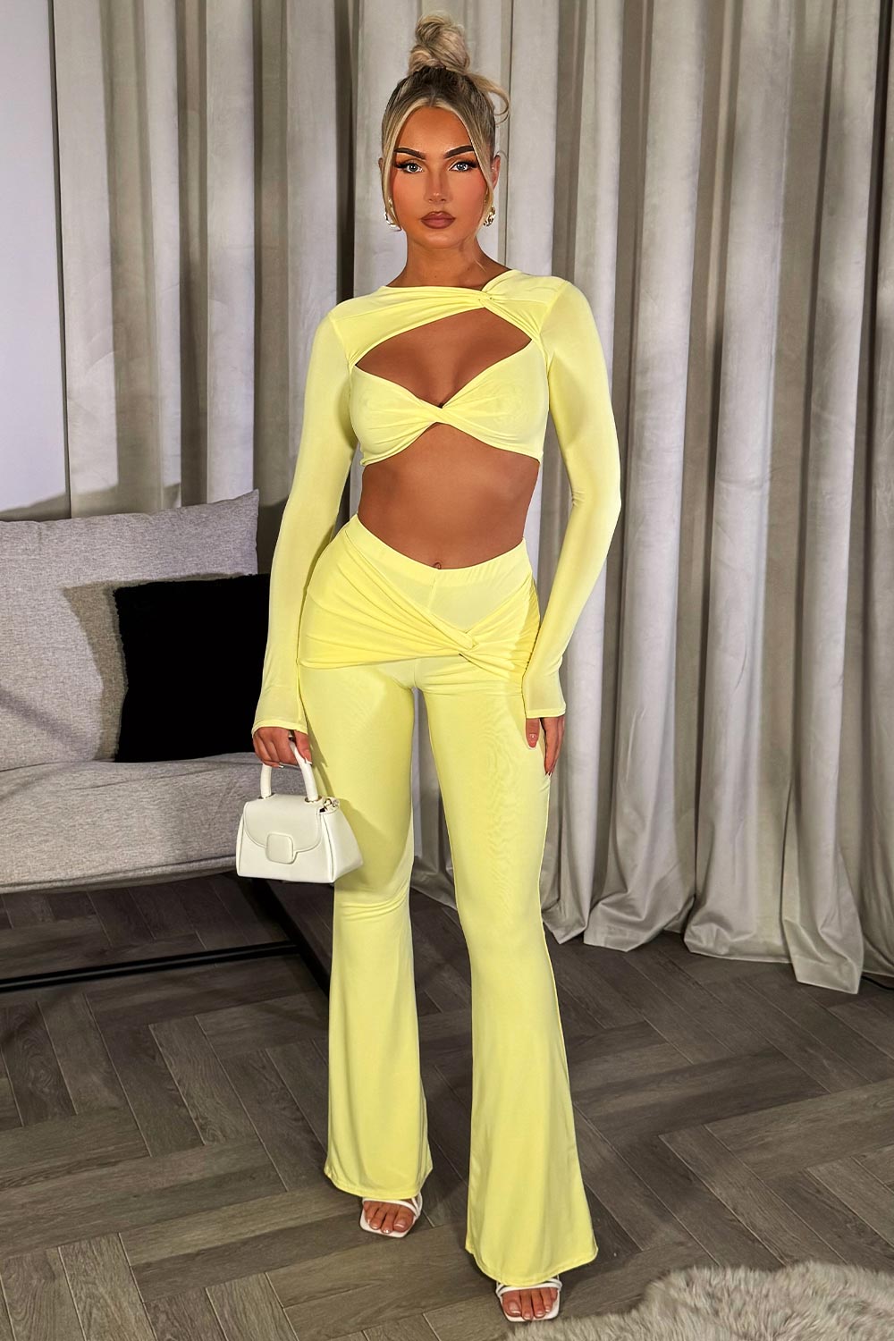 long sleeve crop top and skinny flare trousers two piece set going out occasion summer outfit