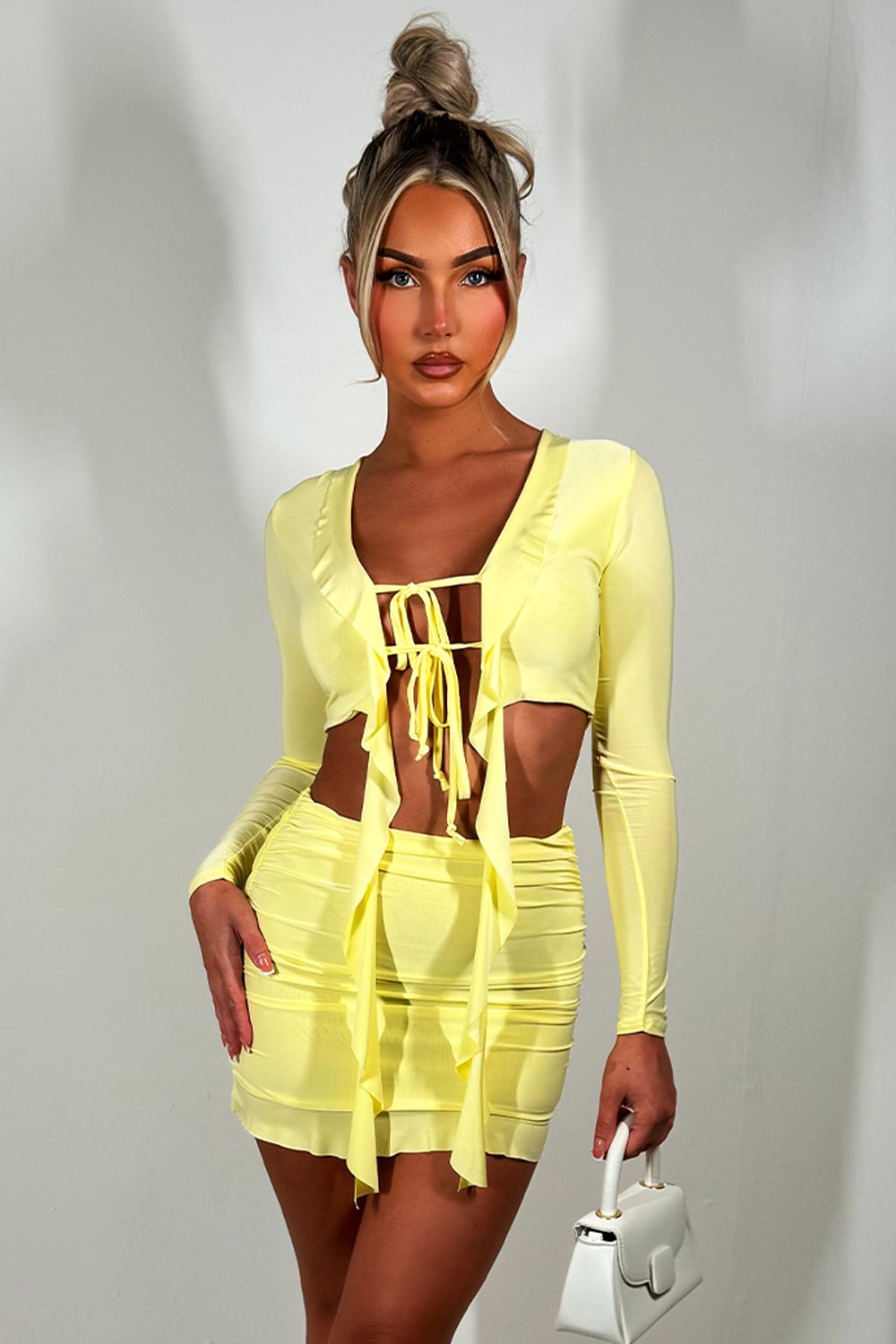 frilly tie front long sleeve crop top and skirt co ord set festival going out holiday outfit