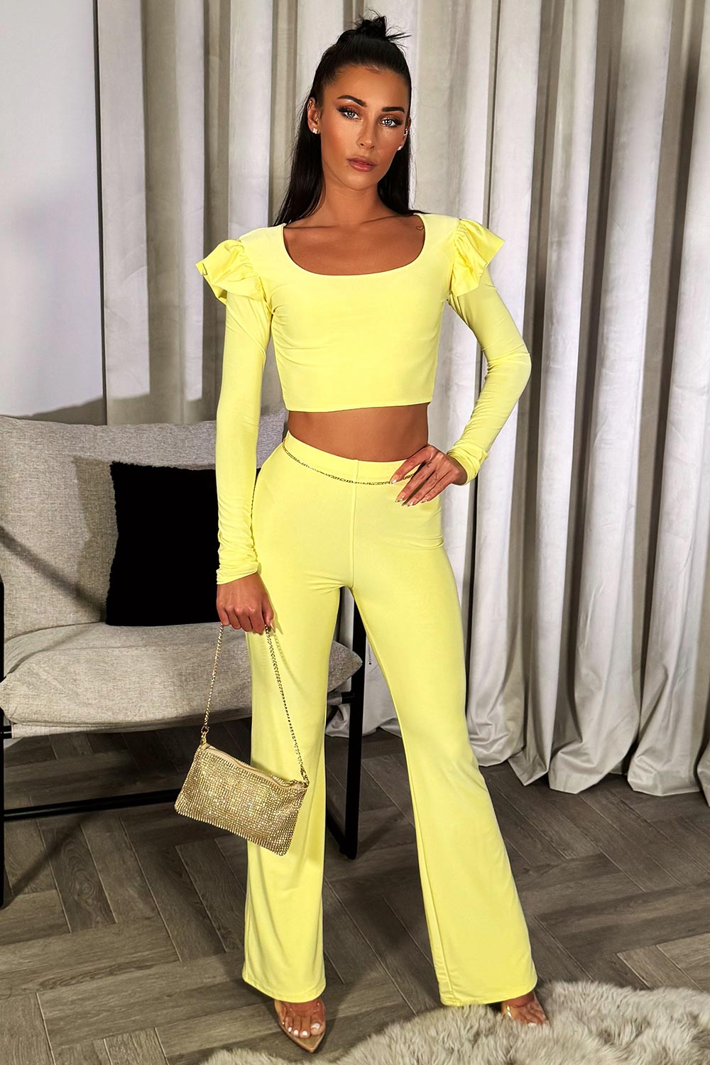 frill shoulder long sleeve crop top and trousers co ord set