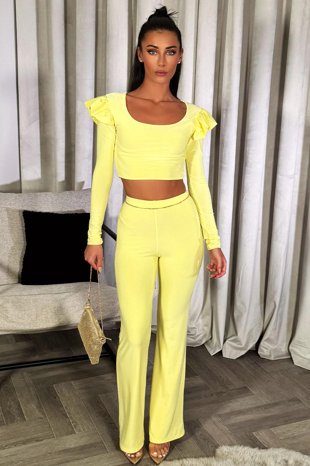 frilly long sleeve crop top and trousers co ord festival rave going out outfit