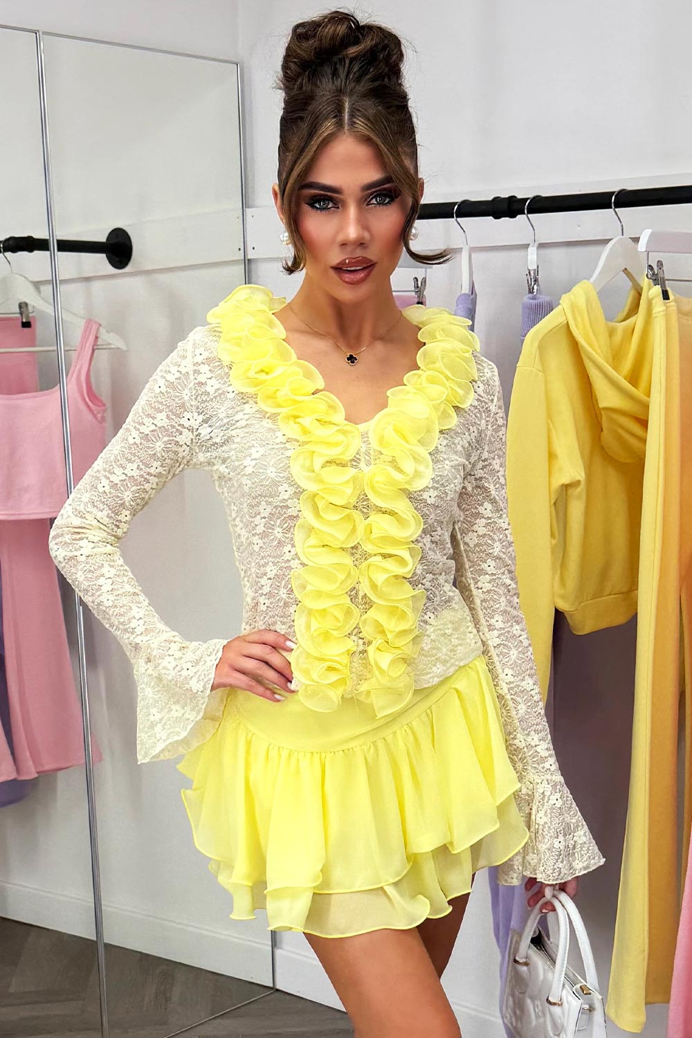 ruffle frilly mini skirt yellow colour for summer festival going out outfit races girls day out