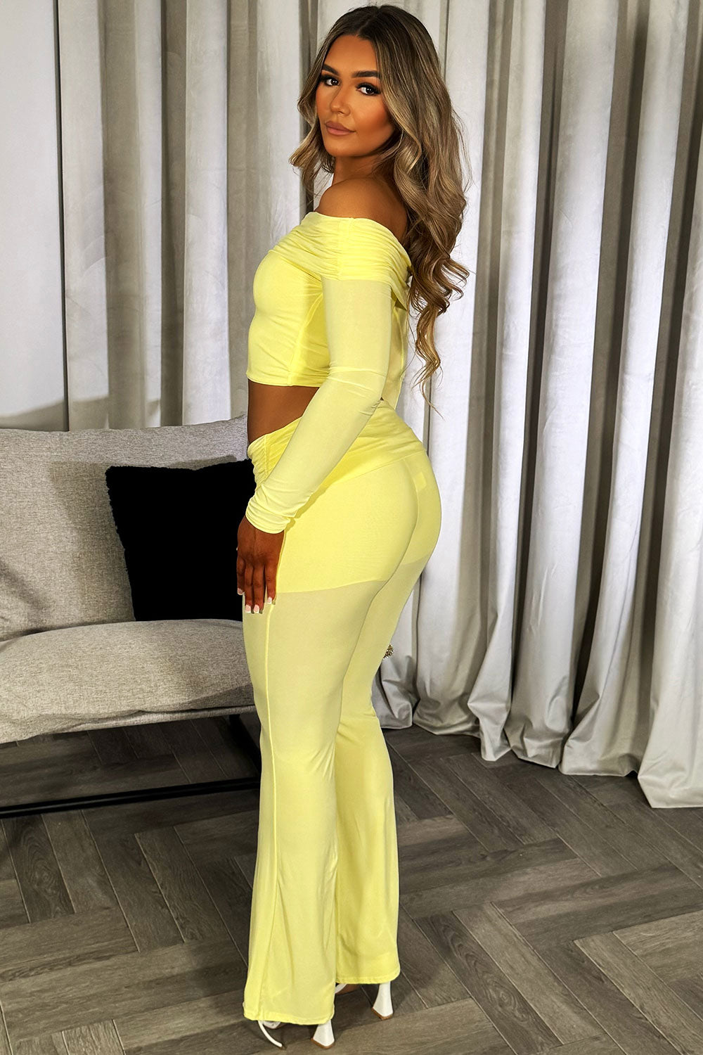 fold detail long sleeve crop top and flare trousers co ord set