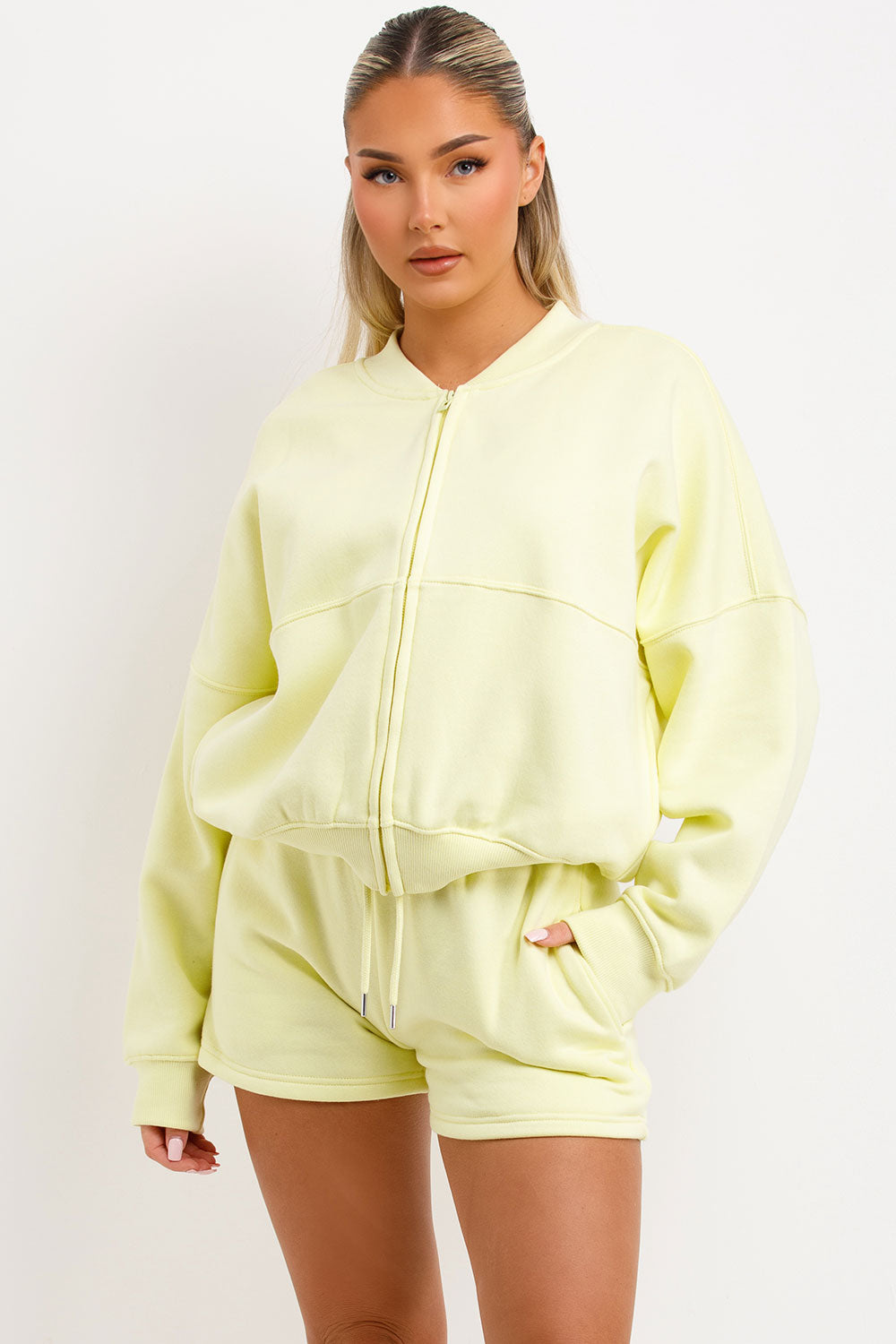 womens short tracksuit bomber jacket and shorts two piece set