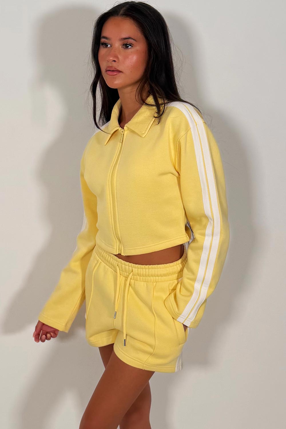 short tracksuit set womens crop zip up sweatshirt and shorts two piece co ord with contrast side stripes airport outfit styledup uk