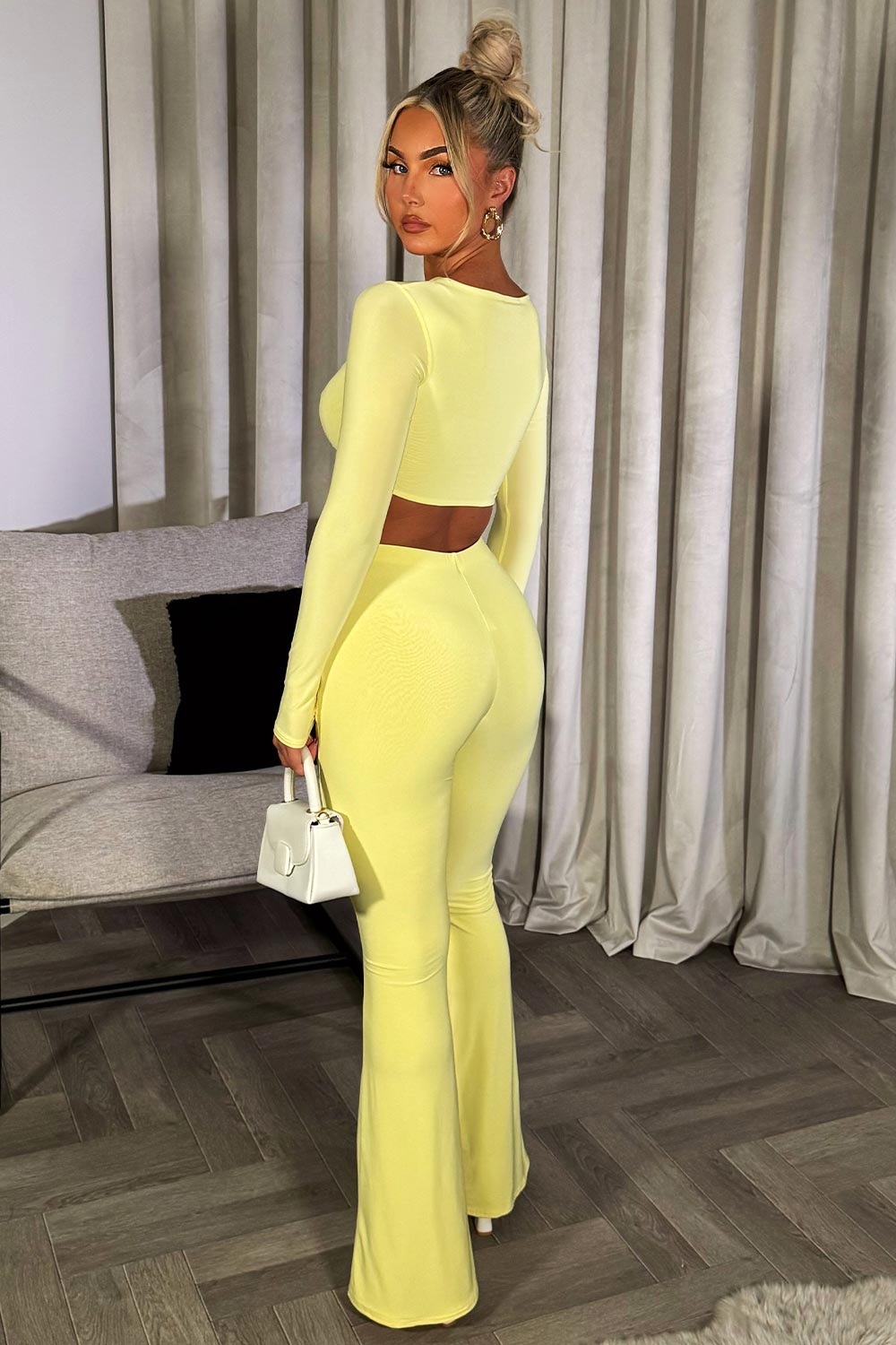 skinny flare trousers and long sleeve crop top co ord set