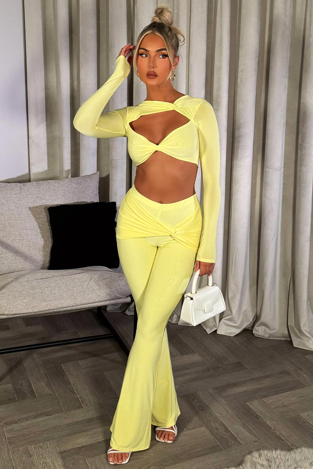 skinny flare trousers and long sleeve crop top co ord set going out outfit