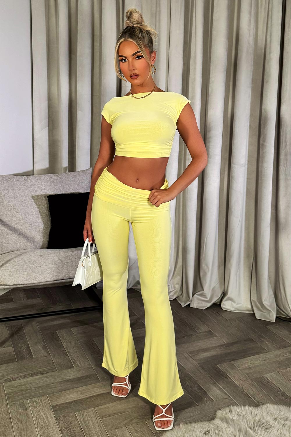 flare trousers with fold over detail and backless crop top co ord set