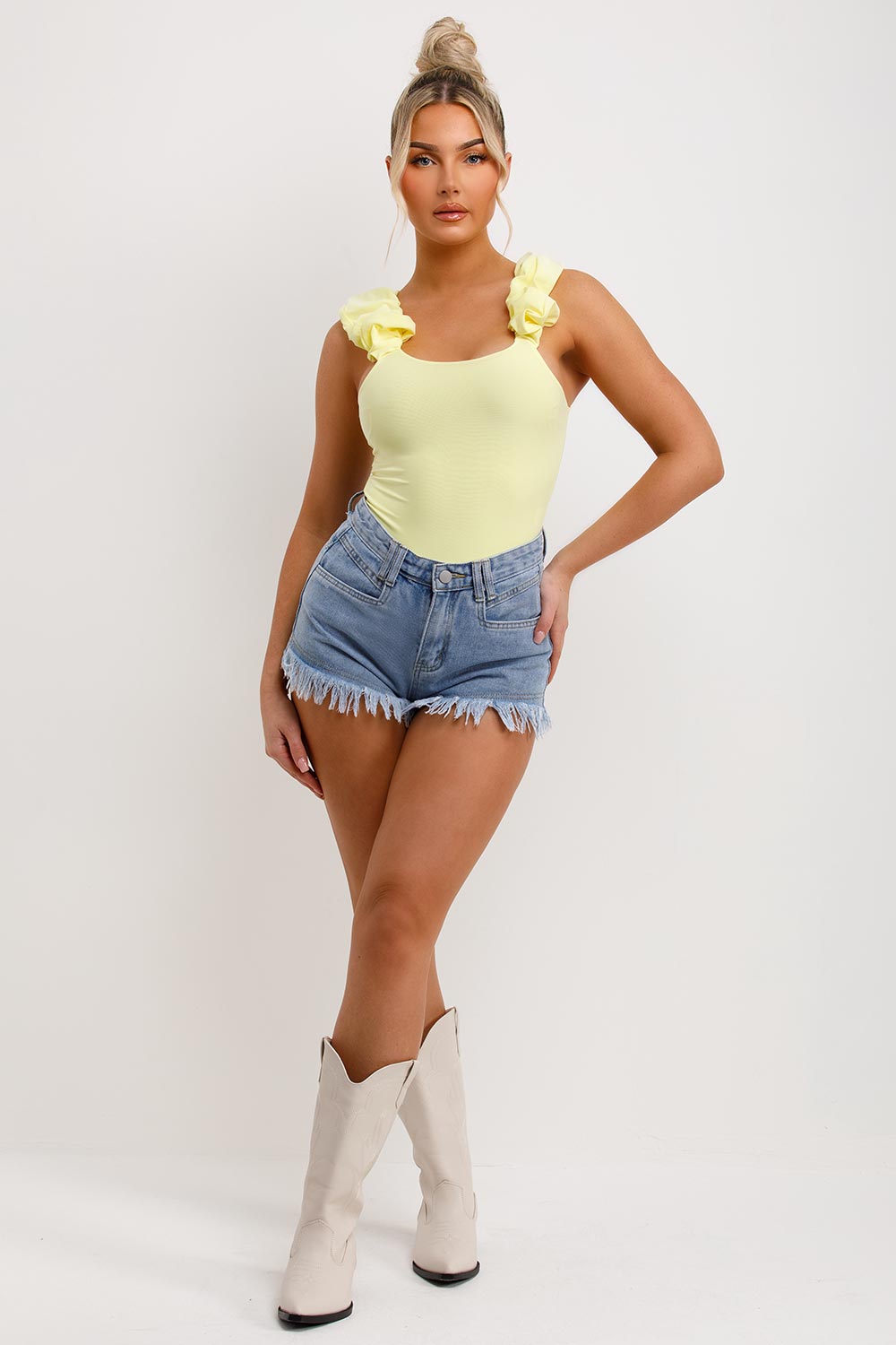 ruched ruffle double lined bodysuit top yellow