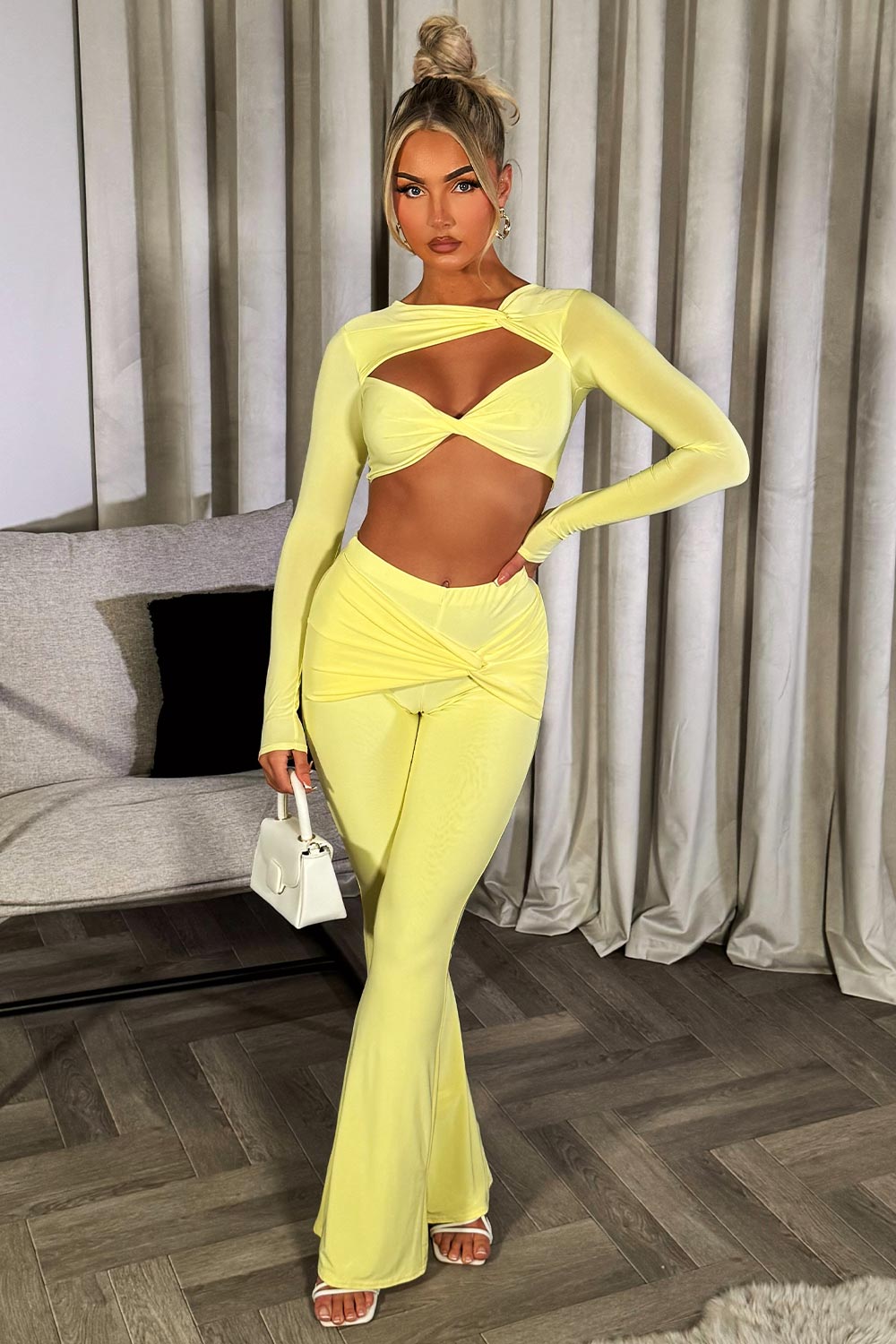 skinny flare high waisted trousers and long sleeve crop top co ord set