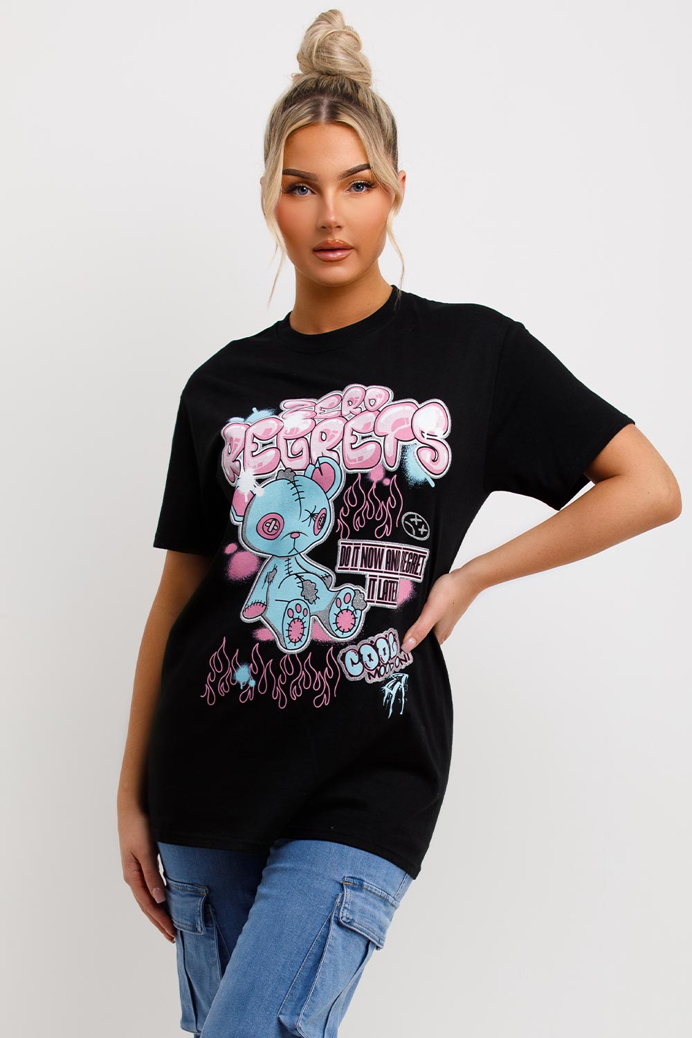 womens oversized t shirt with teddy bear zero regrets slogan