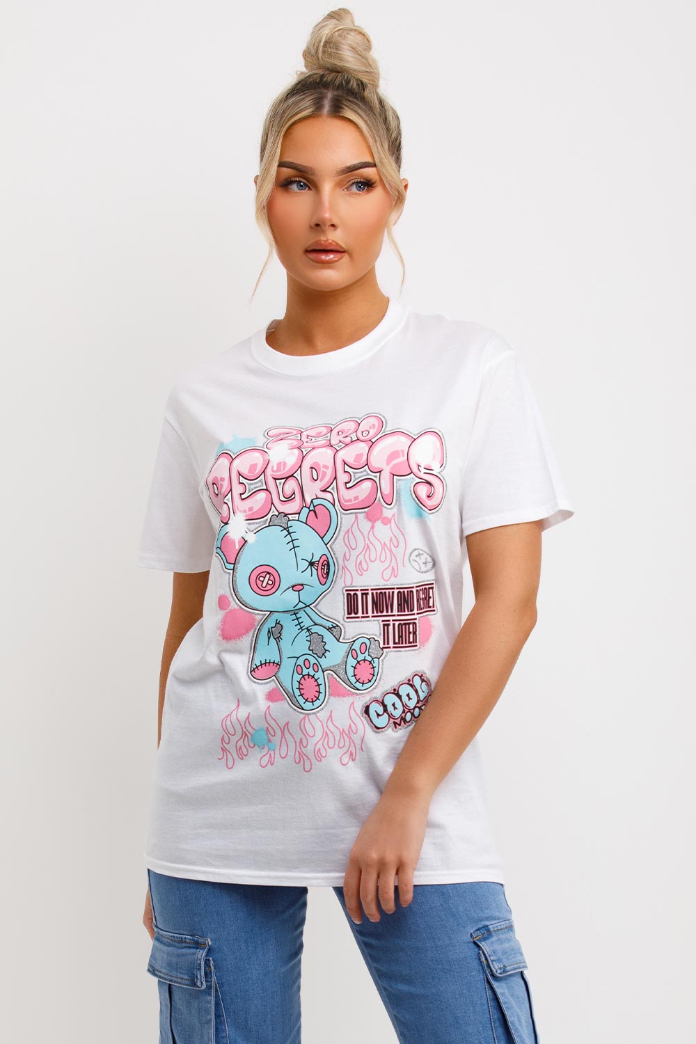 womens teddy bear graphics zero regrets t shirt white