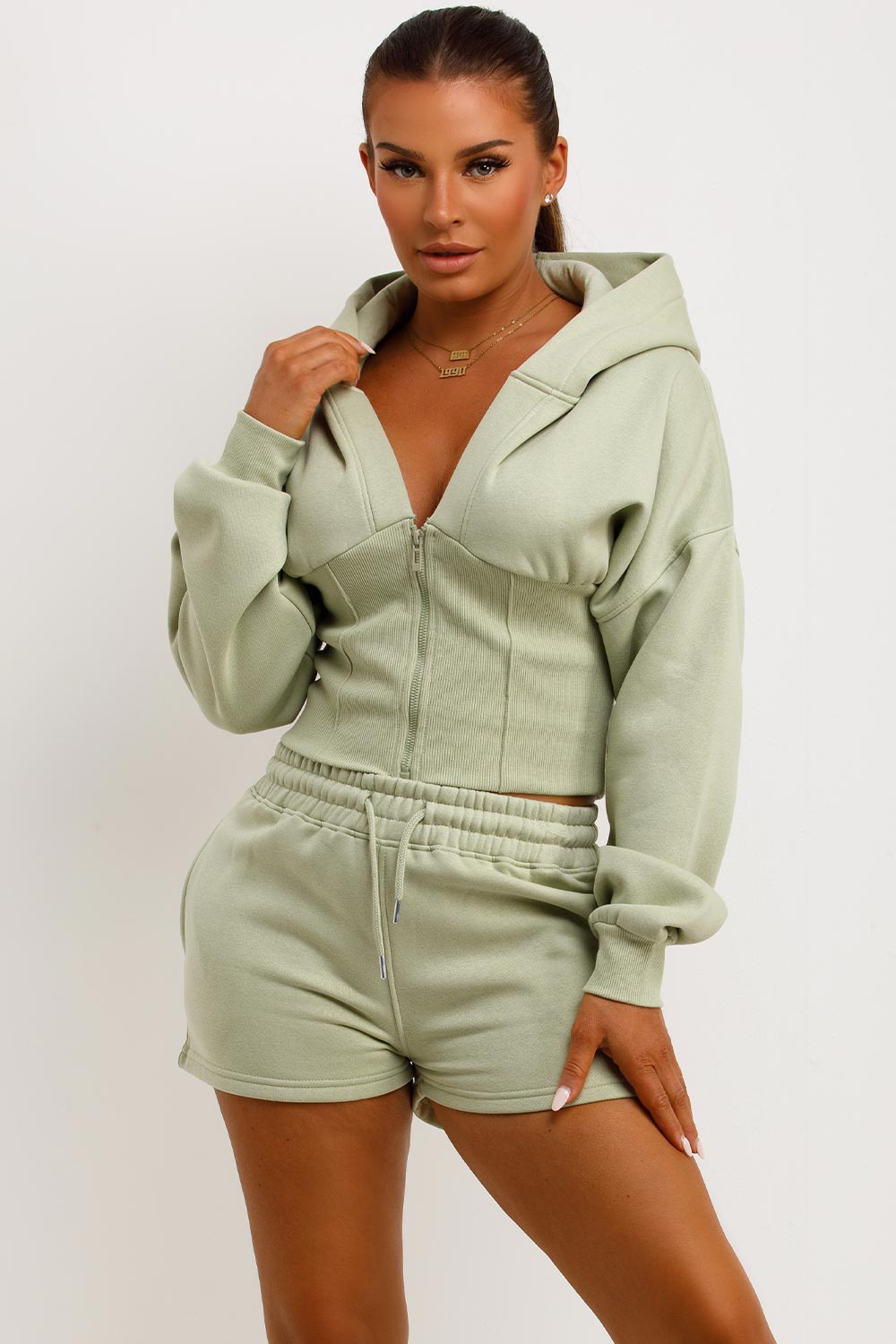 womens crop corset hoodie and shorts tracksuit set styledup