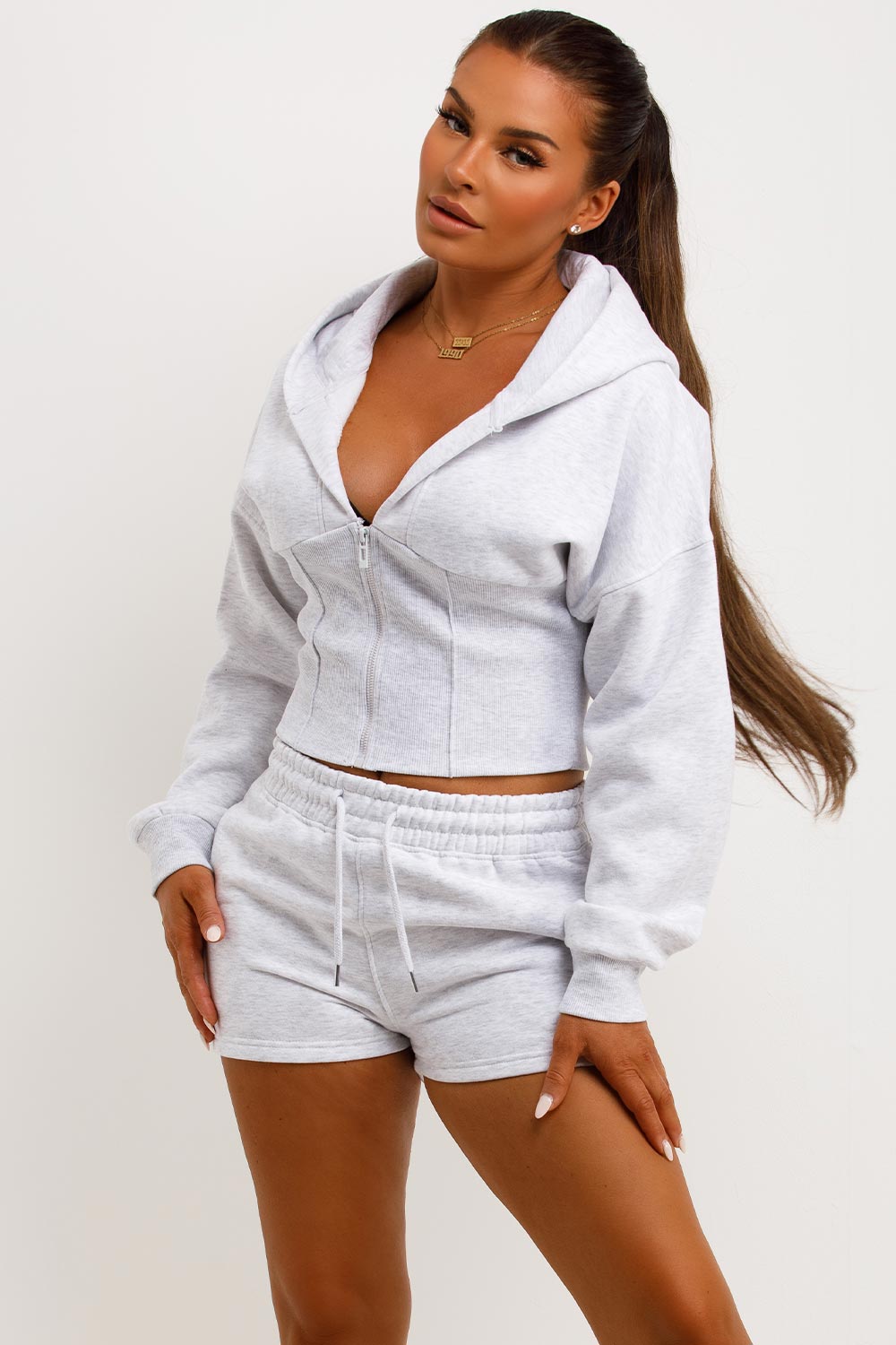 crop corset hoodie and shorts co ord set airport summer holiday outfit set