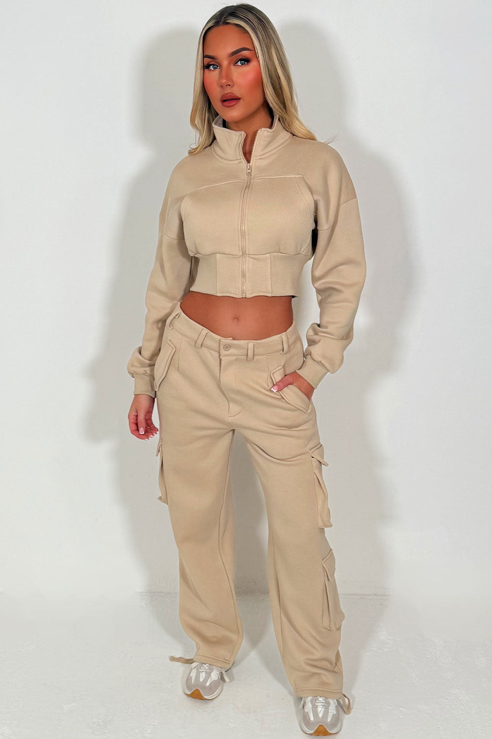 womens cargo joggers and crop zip up sweatshirt two piece lounge set styledup