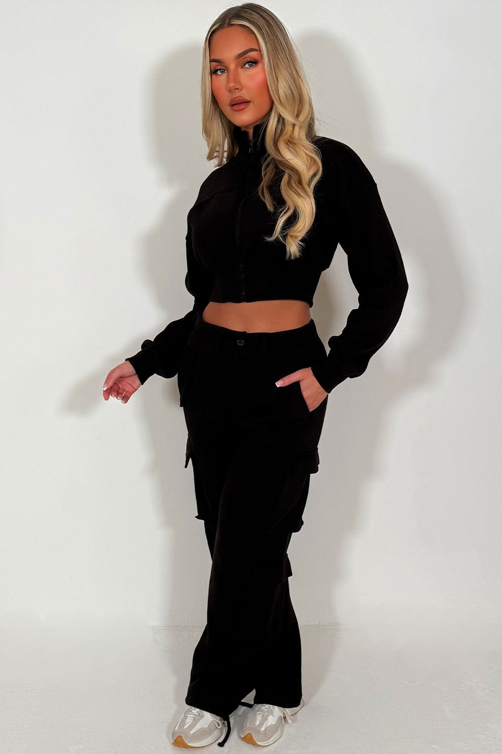 womens cargo joggers and crop zip up sweatshirt two piece lounge set styledup