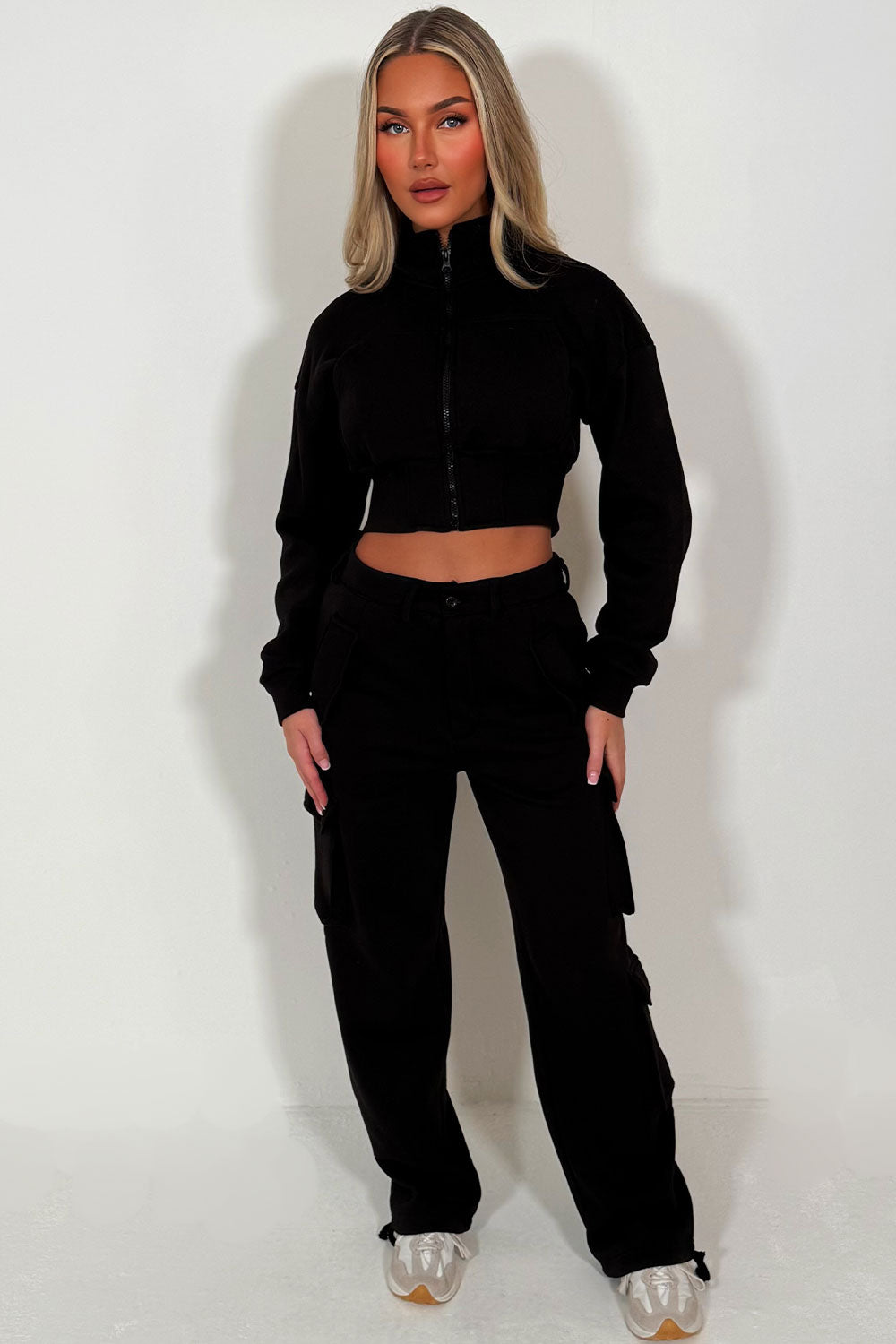crop sweatshirt and cargo joggers co ord womens loungewear set travelling airport outfit styledup