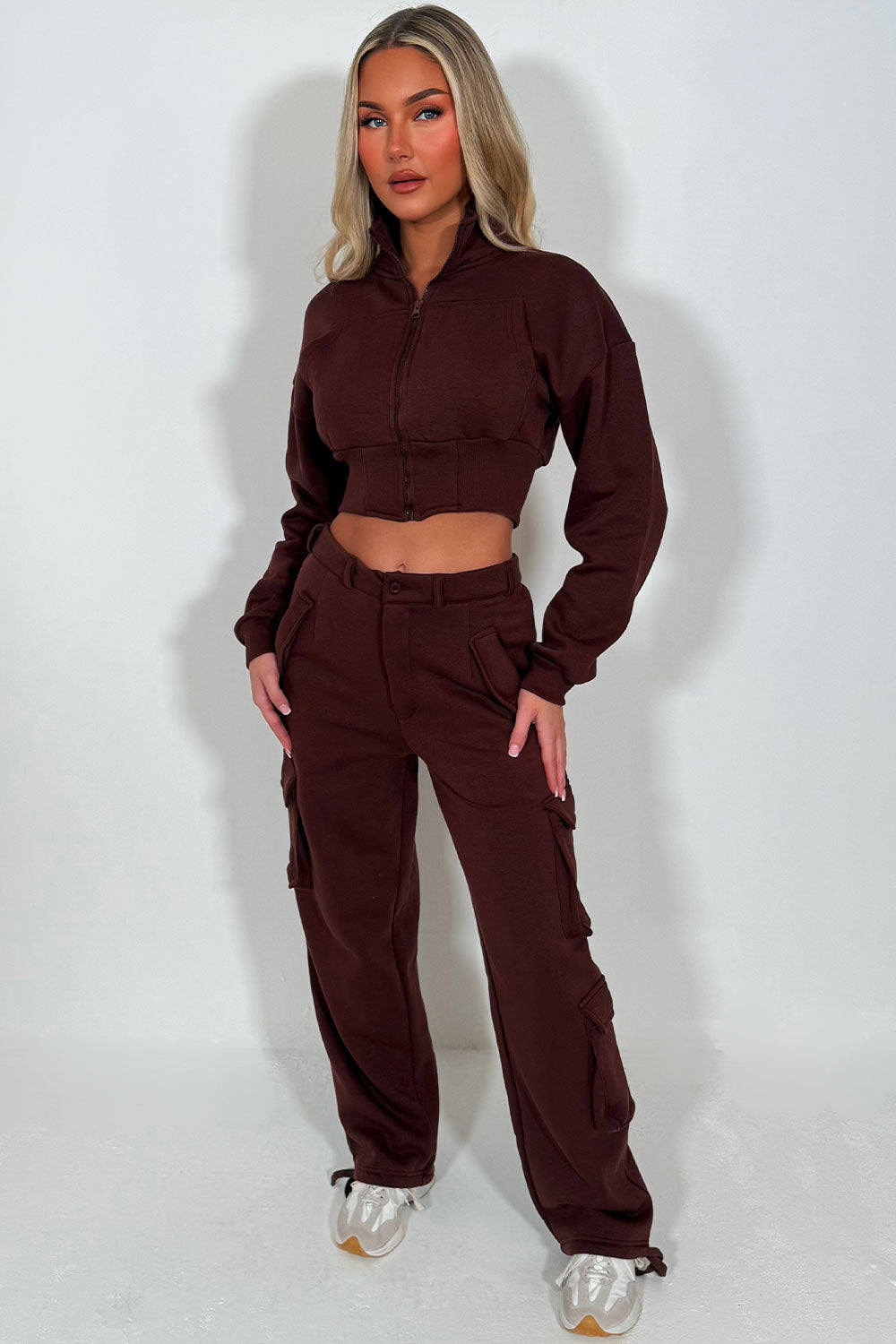 crop sweatshirt and cargo joggers co ord womens loungewear set travelling airport outfit styledup