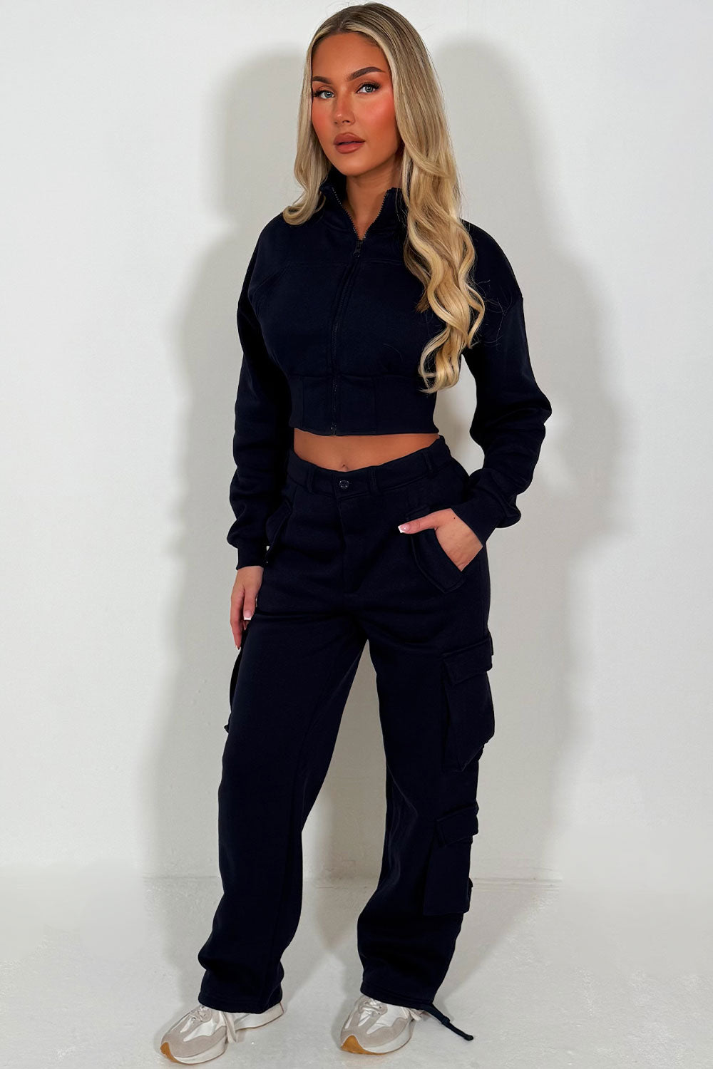 womens cargo joggers and zip through crop sweatshirt two piece loungewear co ord set styledup