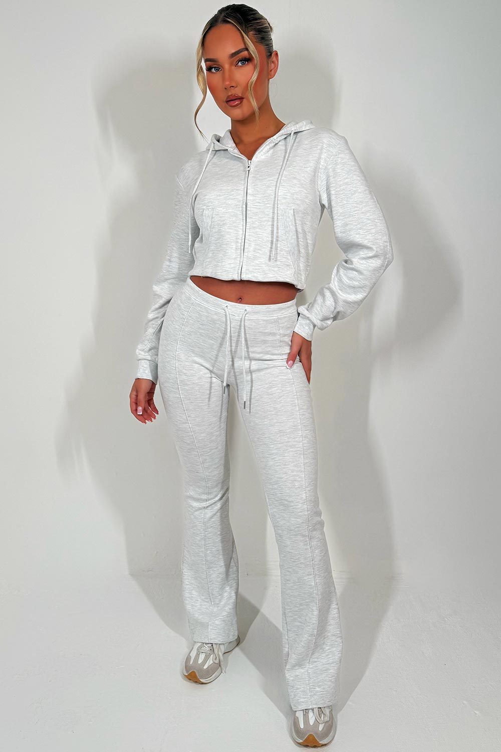 zara womens crop sweatshirt and bell bottom trousers two piece loungewear set