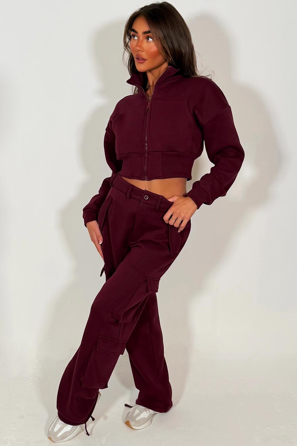 womens crop sweatshirt and joggers cargo lounge set burgundy styledup sale
