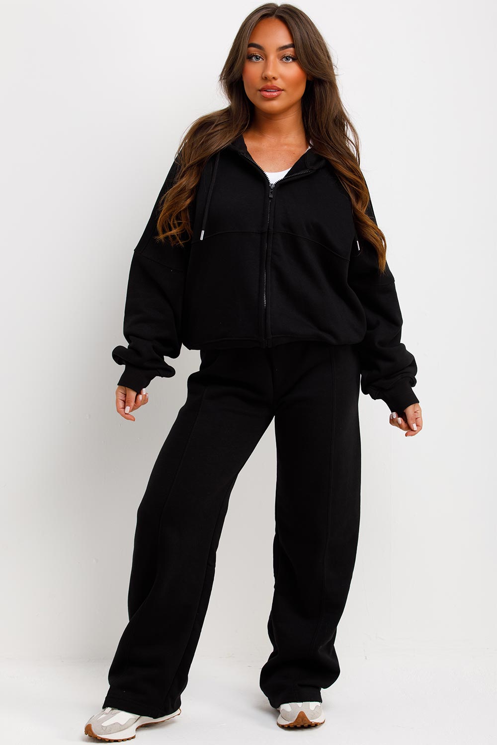 zara womens tracksuit hooded sweatshirt with zip and wide leg trouser jogger set maebe loungewear