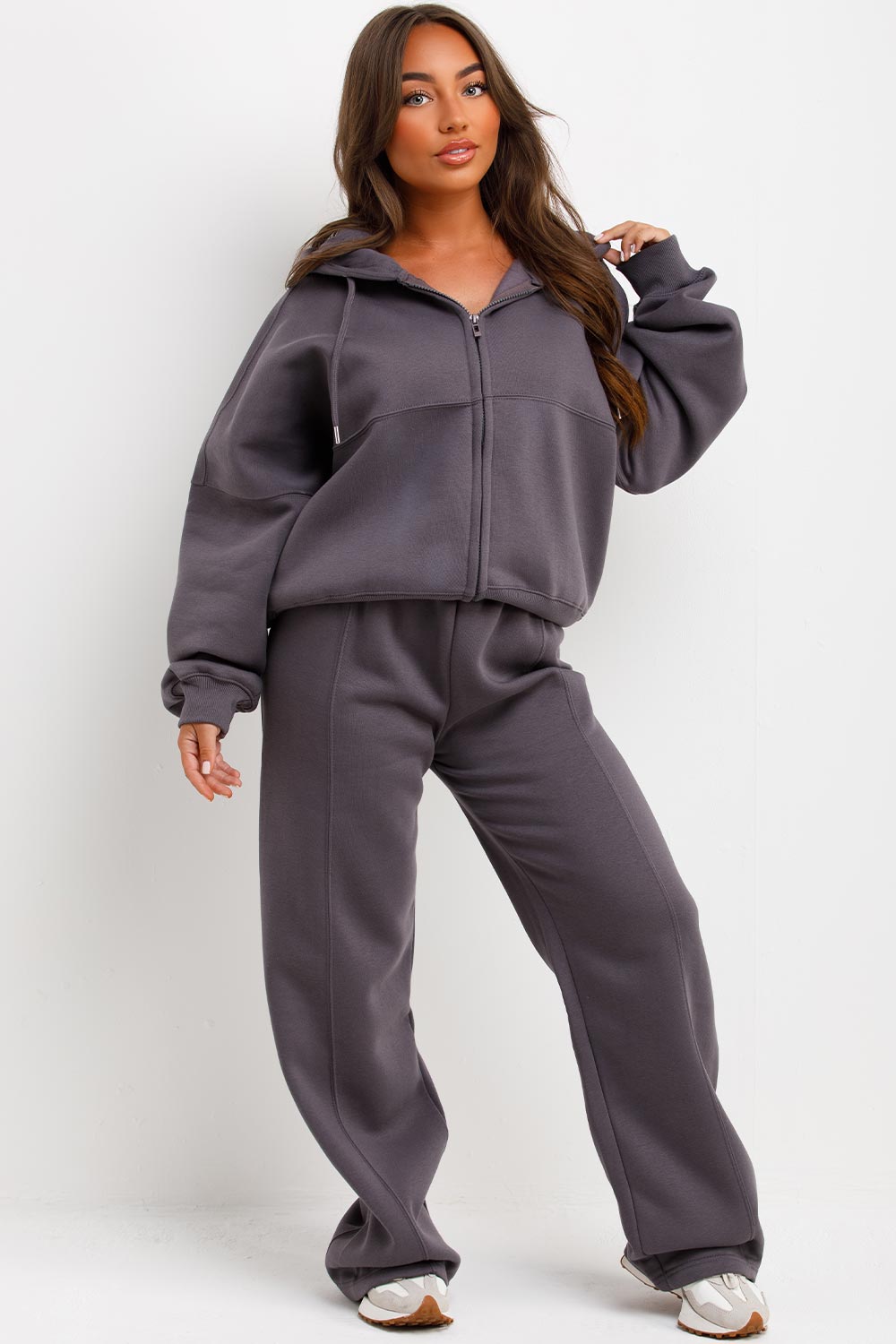 zara womens tracksuit hooded sweatshirt with zip and wide leg trouser jogger set maebe loungewear