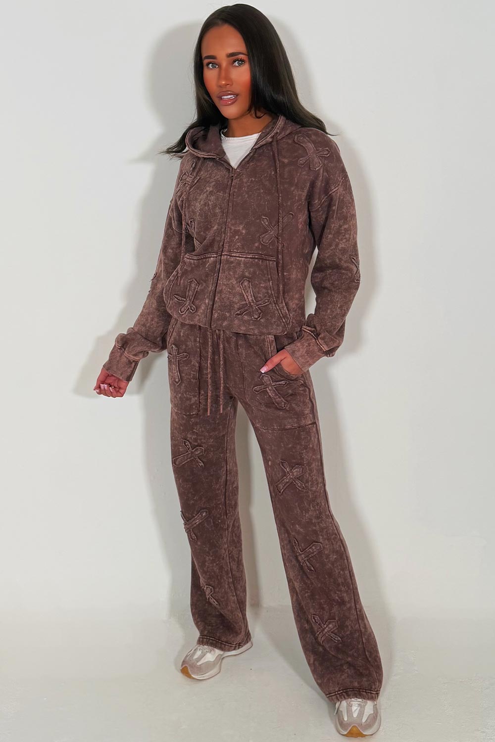 brown cross hoodie and joggers loungewear set womens acid wash tracksuit styled up