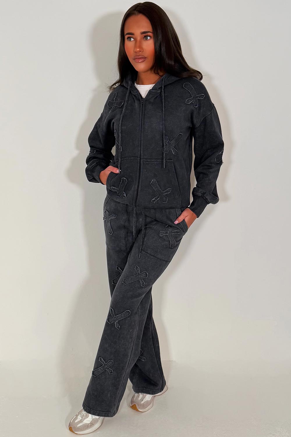 womens oversized charcoal grey zip hoodie and joggers tracksuit set with distressed cross detail loungewear everyday outfit