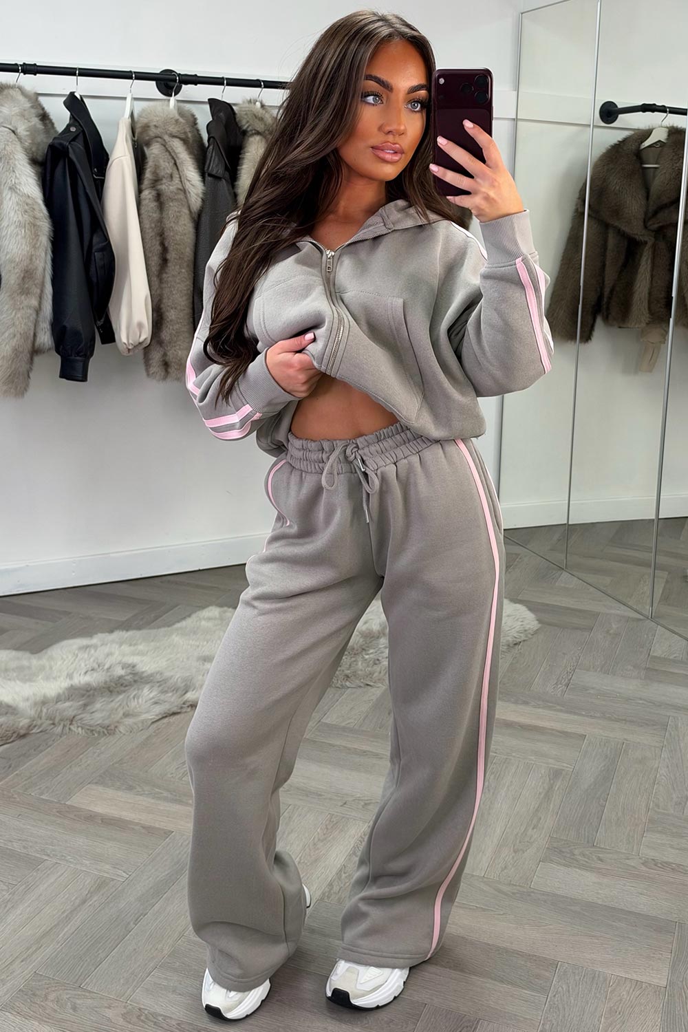 womens zip up hoodie and joggers casual loungewear dove grey co ord set airport outfit styledup