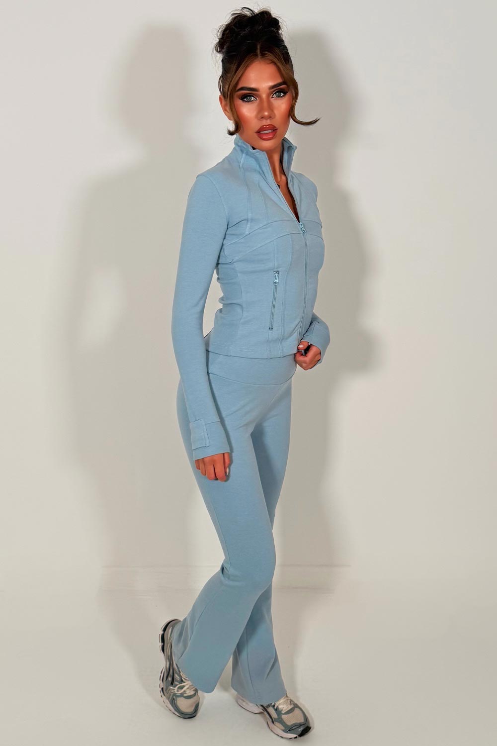 womens sports zip up jacket and flare trousers two piece co ord set alo uk styledup