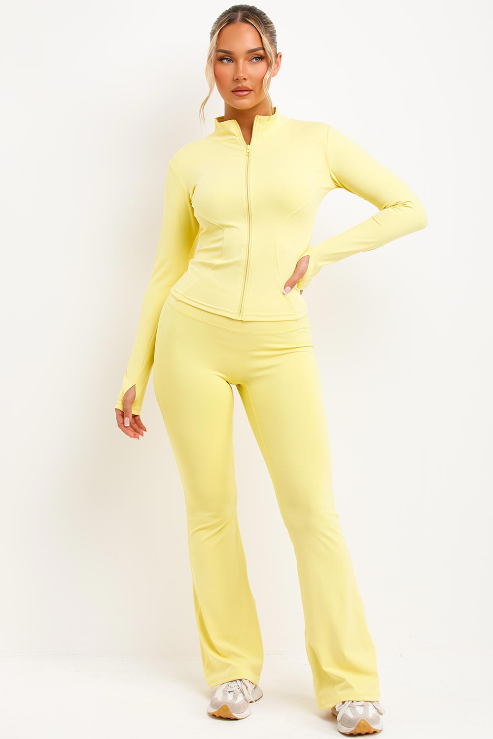 ruched scrunch bum skinny flare trousers and zip up sports jacket two piece set yellow