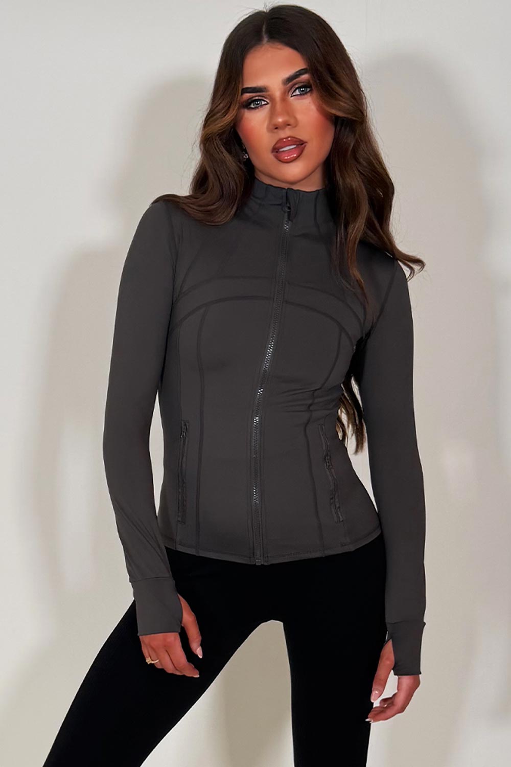 womens lululemon charcoal grey sports jacket with thumb holes styledup