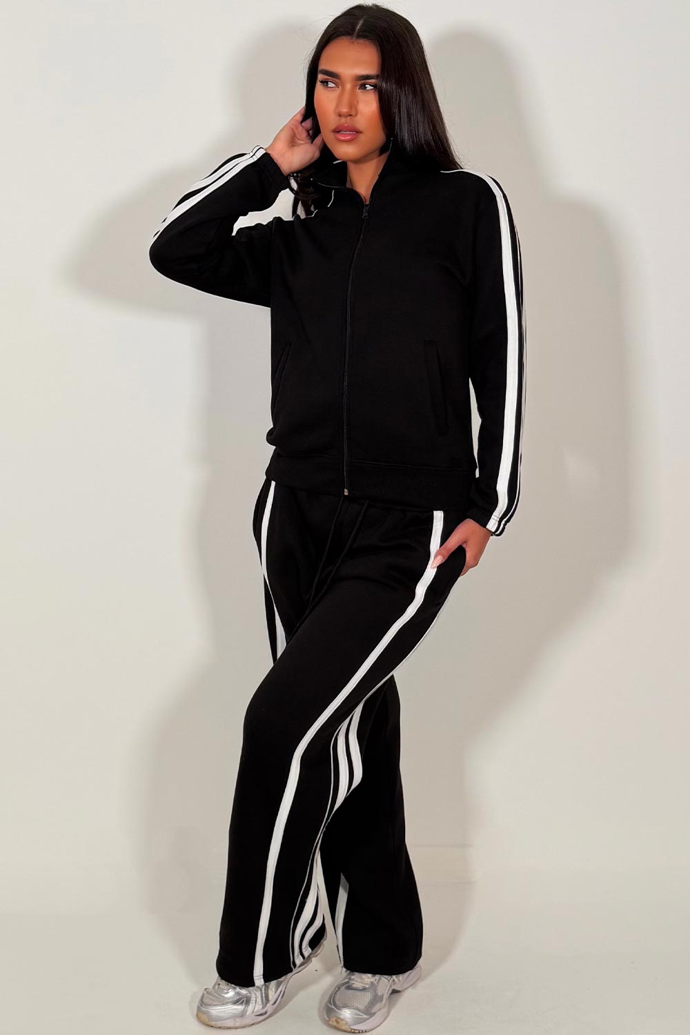 womens tracksuit with side stripes wide leg joggers and zip up sweatshirt black