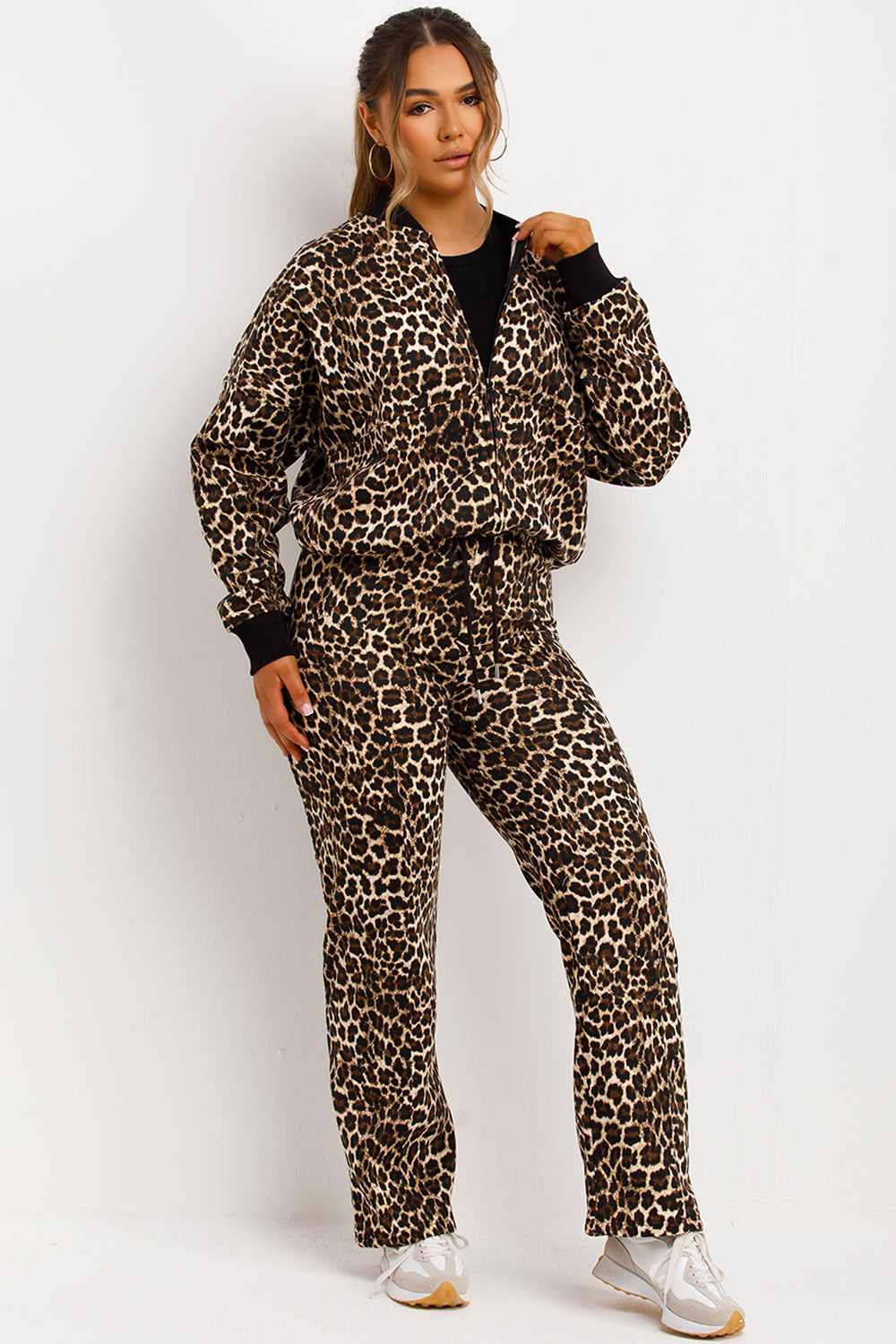 leopard print bomber sweatshirt and straight leg joggers tracksuit set