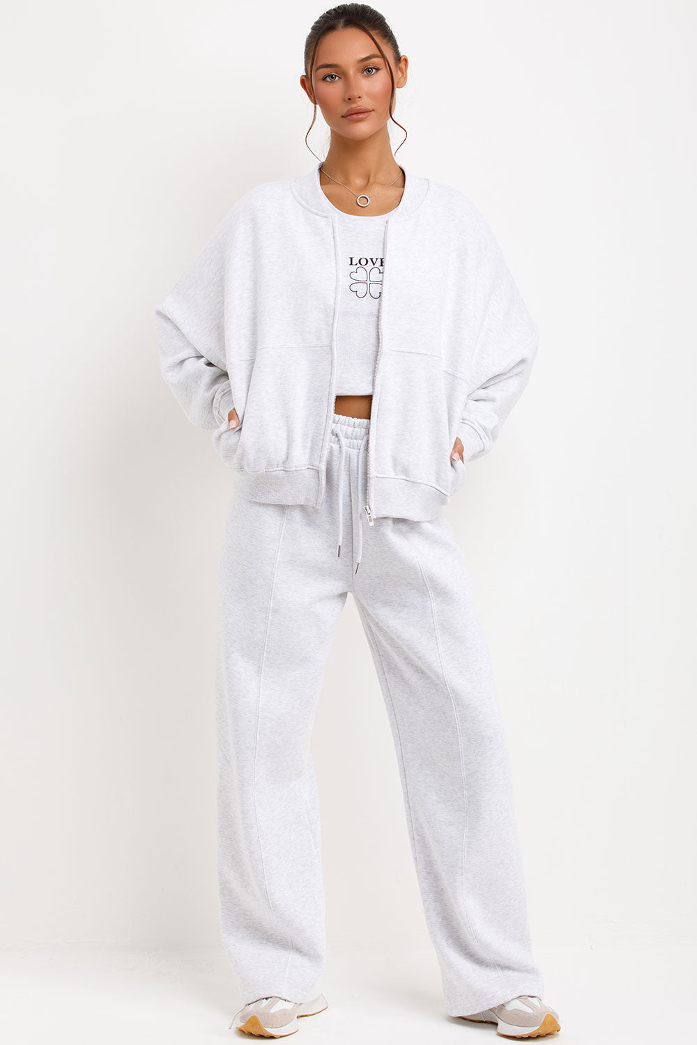 womens zara bomber sweatshirt ribbed vest top and straight leg joggers loungewear set