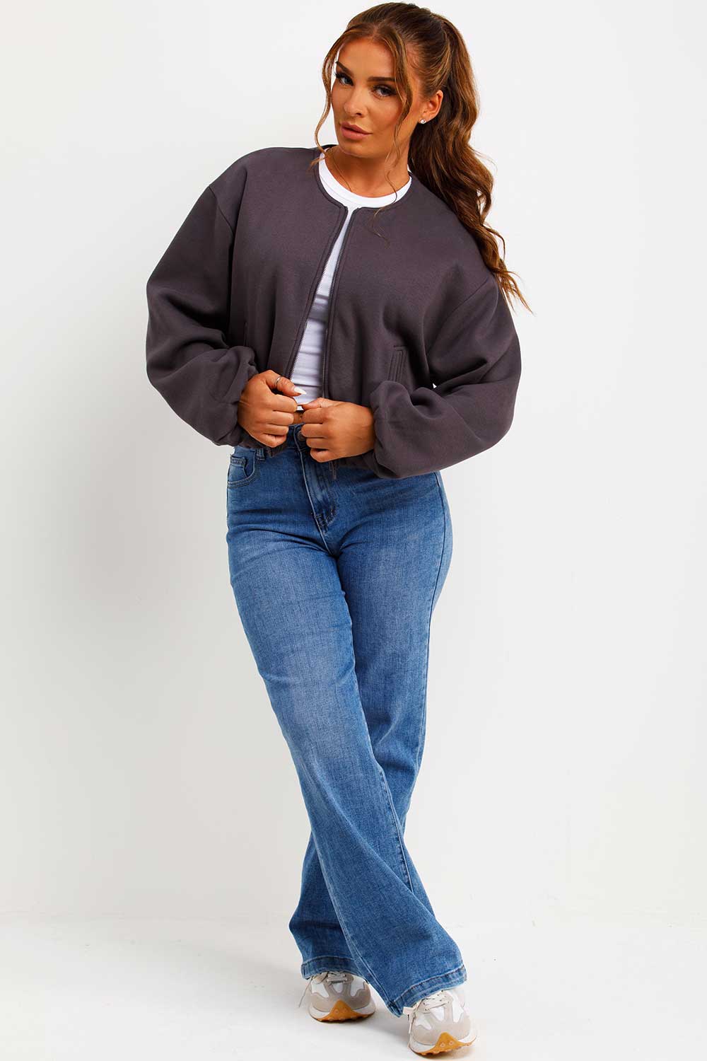 charcoal bomber jacket with zip and elasticated hem zara womens uk