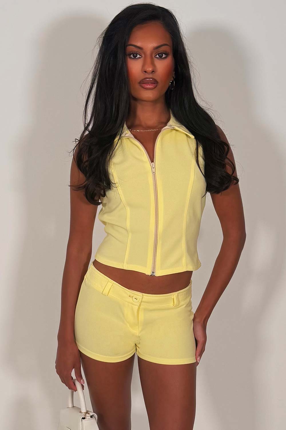 womens micro shorts and sleeveless crop top with collar two piece summer holiday festival outfit styledup whitefox uk
