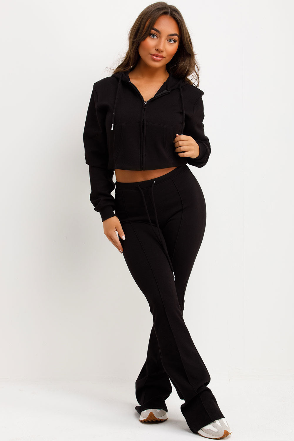 interlock sweatshirt and bell bottom top stitched trousers two piece loungewear set
