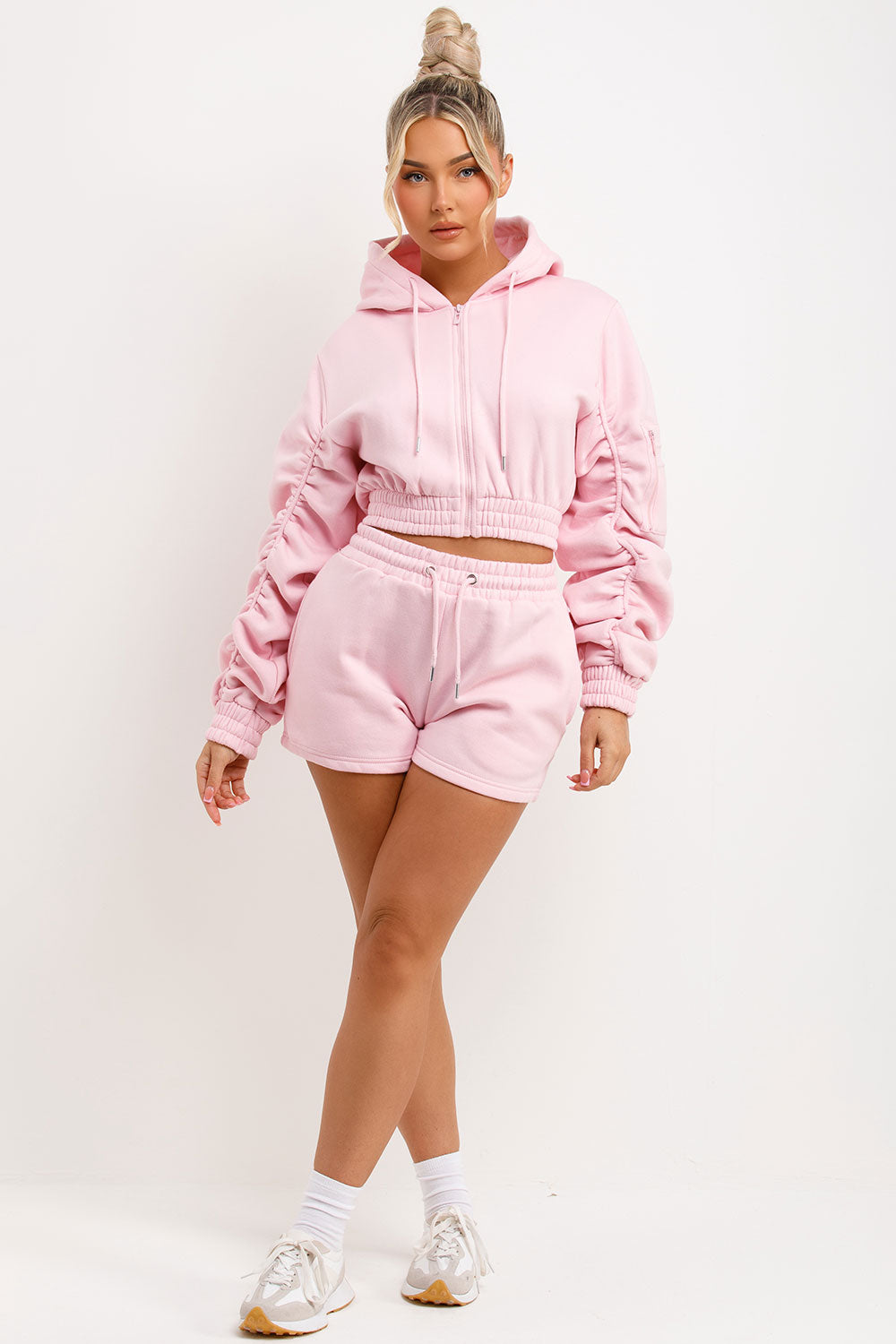short tracksuit womens crop zip hoodie with ruched sleeves and shorts two piece set